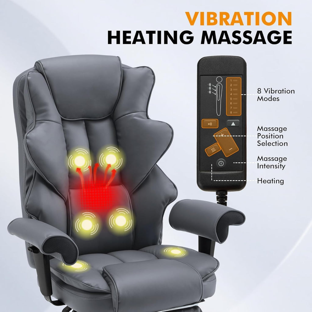 HOMREST 6-Point Massage Executive Chair,Heat Office Chair,Ergonomic Home Office Desk Chairs with Retractable Footrest and Reclining Function,Leather Computer Chair with Adjustable Armrest(‌Grey)