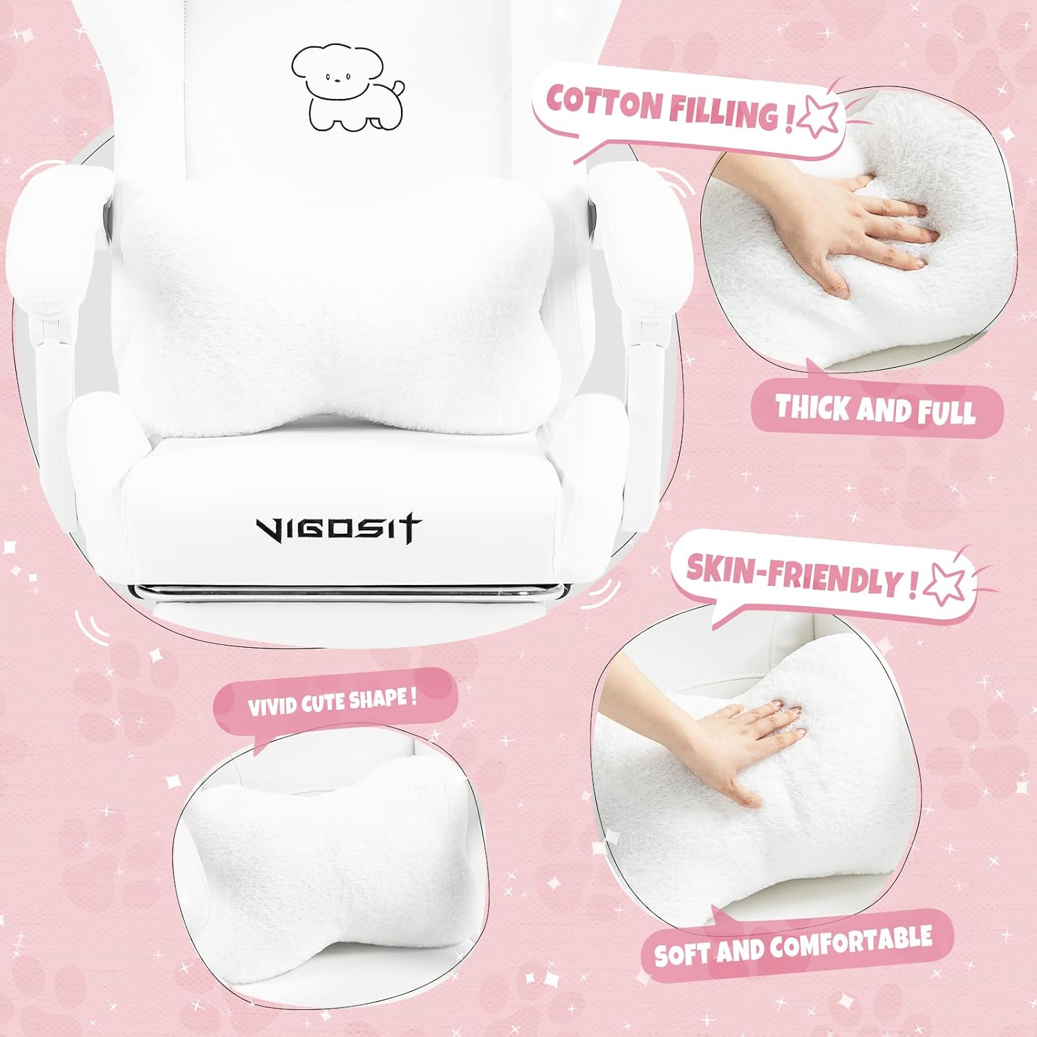 Vigosit Cute Cat Gaming Chair with Paw Lumbar Cushion, PC Video Gamer Chair for Girl Teen Woman (White)