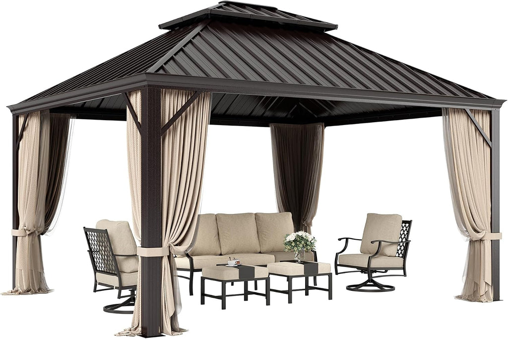 SUNSHINE VALLEY 12'x14' Hardtop Gazebo, Permanent Aluminum Outdoor Gazebo with Galvanized Steel Double Roof & Gutter System, Heavy Duty Patio Pavilion Canopy with Netting and Curtains for Deck, Garden