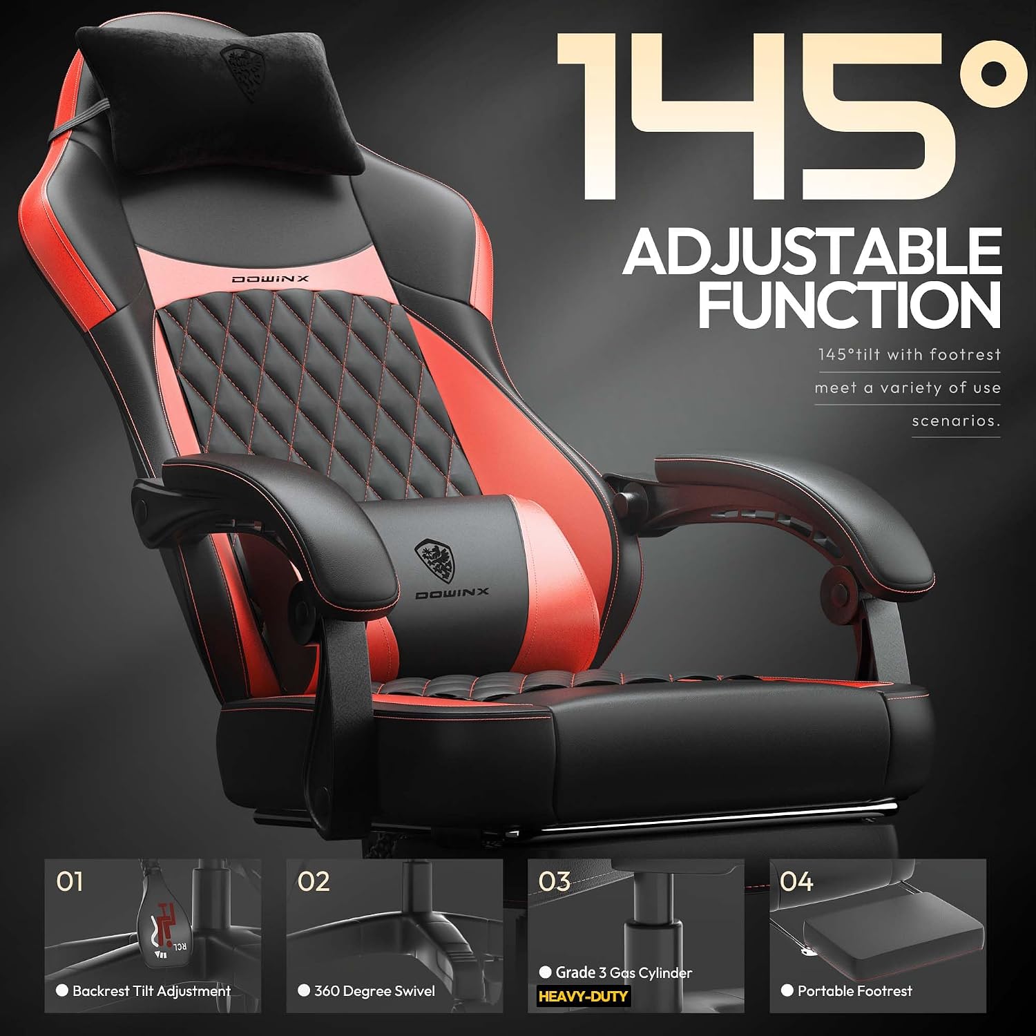 Dowinx Gaming Chair with Pocket Spring Cushion, Ergonomic Computer Chair with Massage Lumbar and Footrest for Adults, High Back Game Chair Leather for Office Gaming 300LBS, Red New