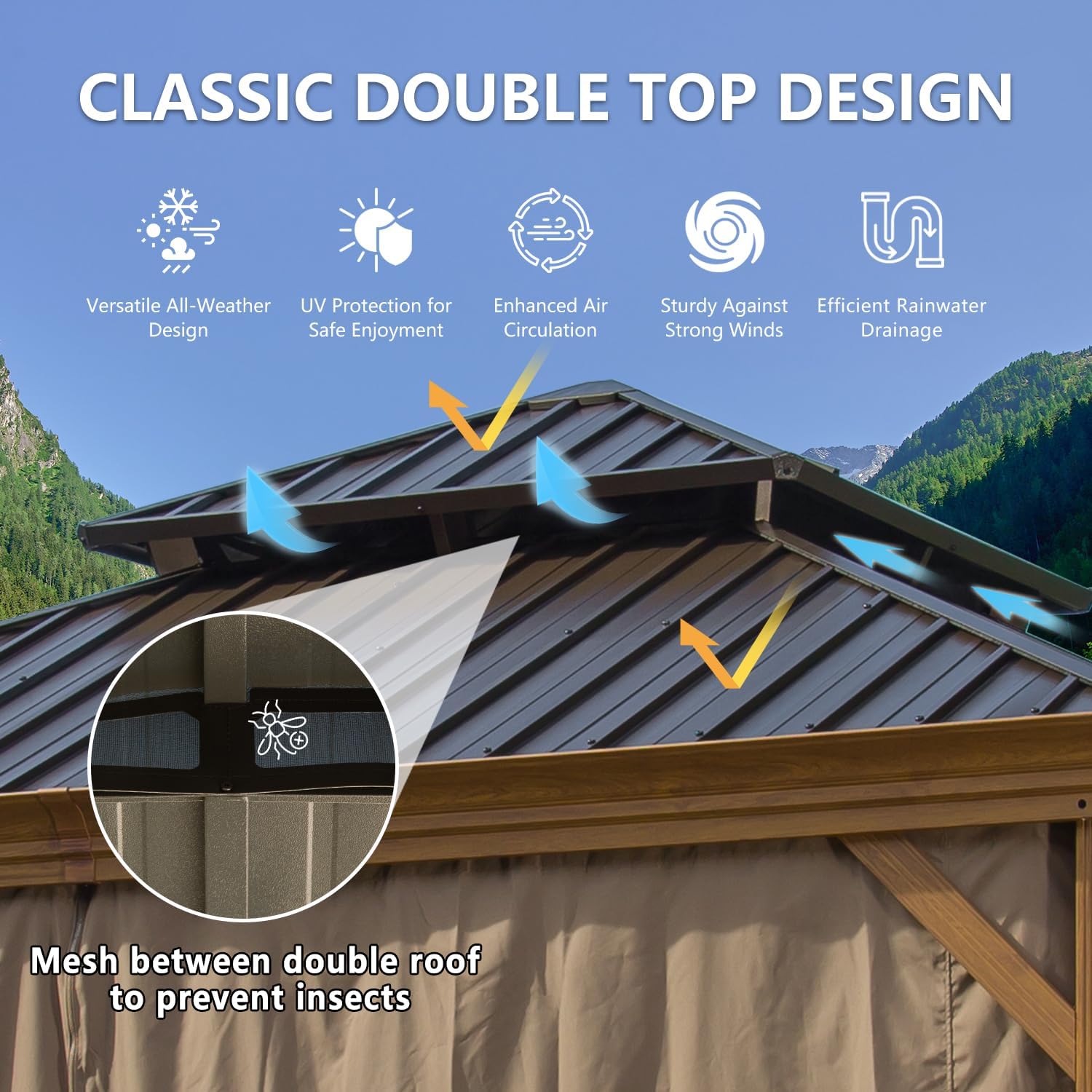 12' x 12' Hardtop Gazebo Outdoor Aluminum Gazebos Wood Grain with Galvanized Steel Double Canopy for Patios Deck Backyard,Curtains&Netting by domi outdoor living