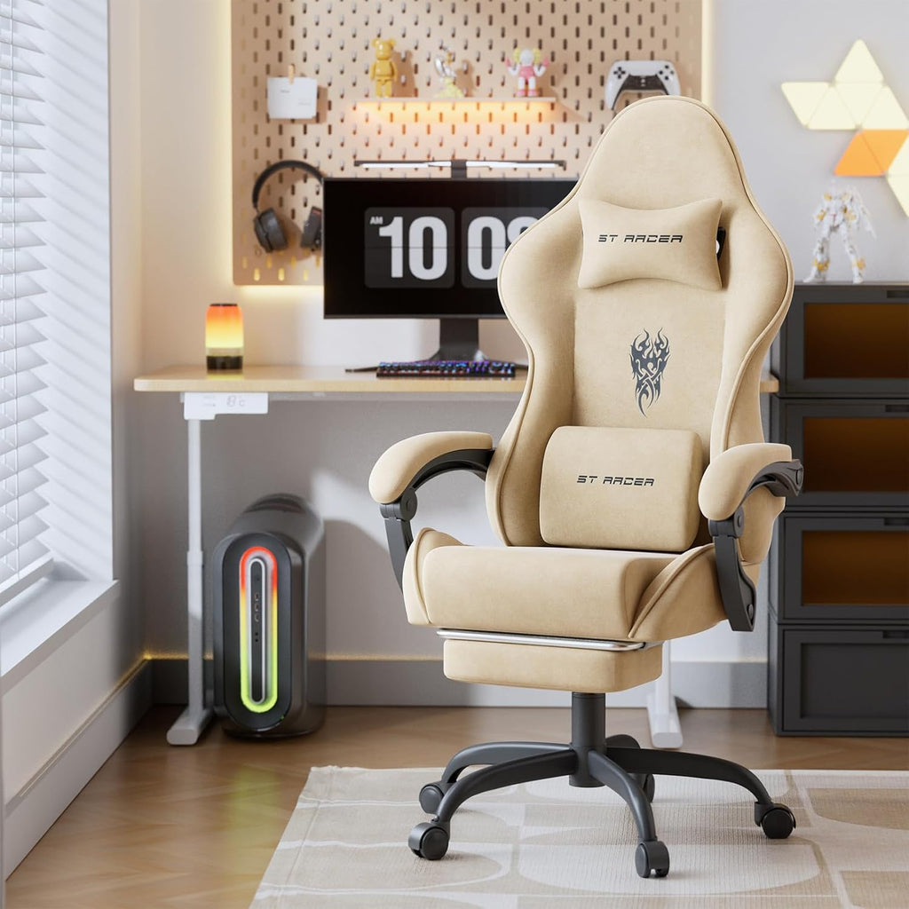 Ferghana Velvet Fabric Gaming Chair, High Back Ergonomic Gamer Chair for Adult, Comfortable Video Game Chair with Footrest and Massage Lumbar Cushion, Racing Reclining Office Computer Desk Chair Beige