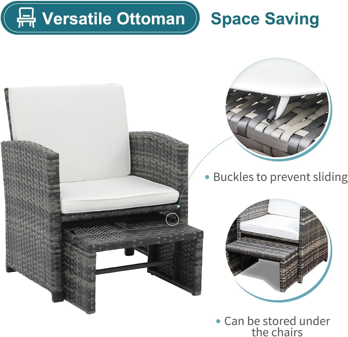 OC Orange-Casual 5 Piece Patio Furniture Set, Wicker Outdoor Conversation Chair and Ottoman Set with Coffee Table, Pillows Included, for Balcony, Porch, Deck, White