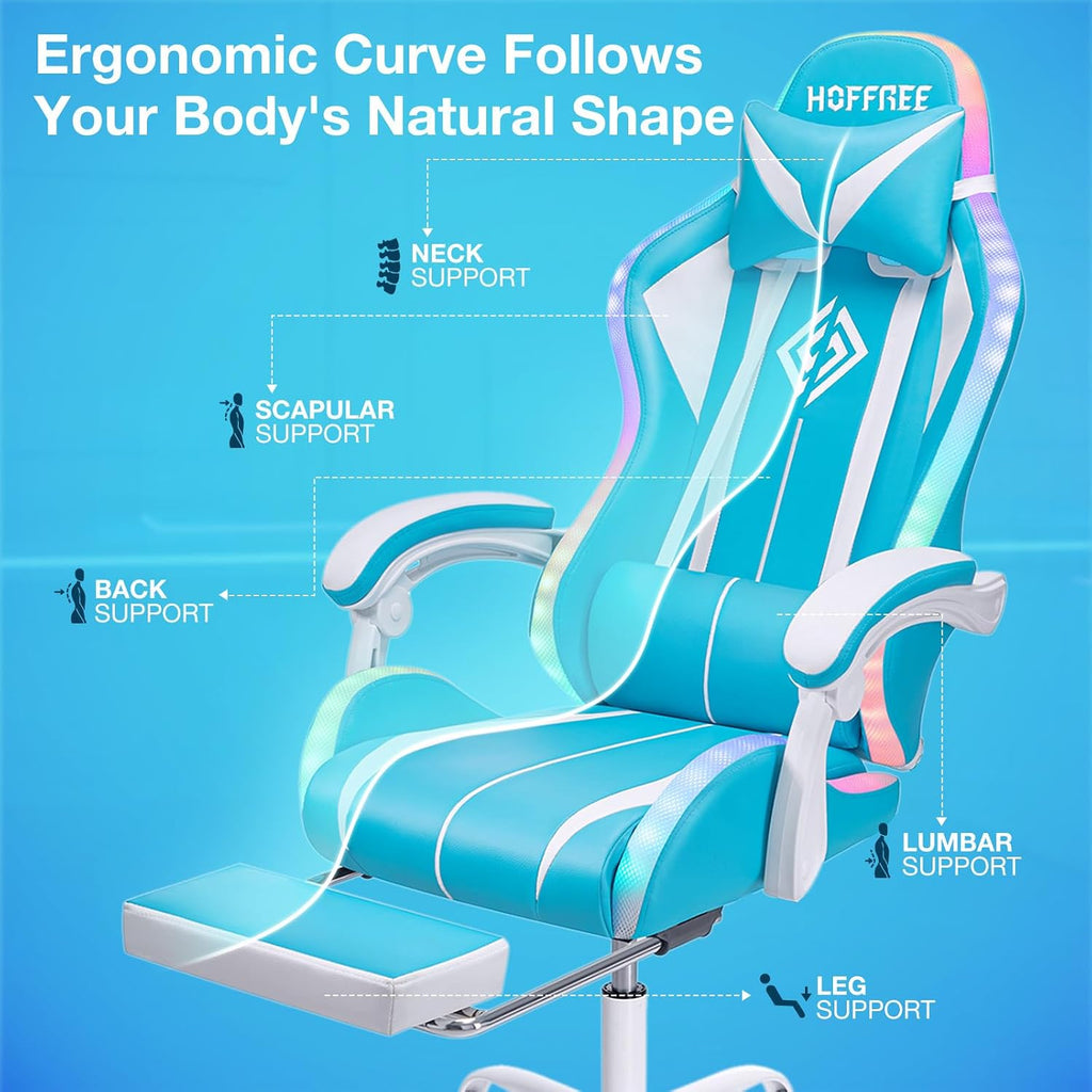 HOFFREE RGB Gaming Chair with Speakers Massage Computer Gaming Chair with LED Lights and Footrest High Back Video Game Chair for Adults Light Blue and White