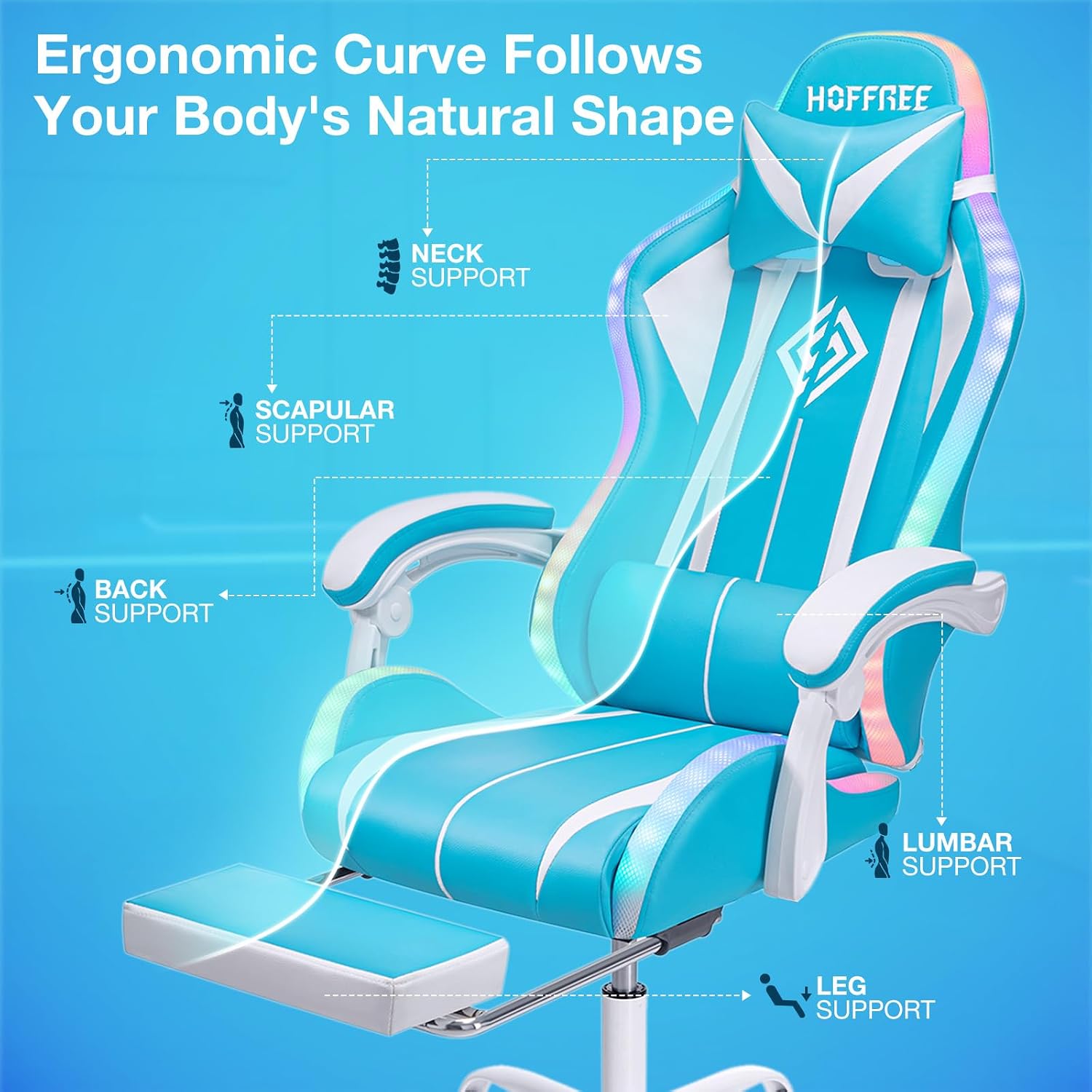 HOFFREE RGB Gaming Chair with Speakers Massage Computer Gaming Chair with LED Lights and Footrest High Back Video Game Chair for Adults Light Blue and White
