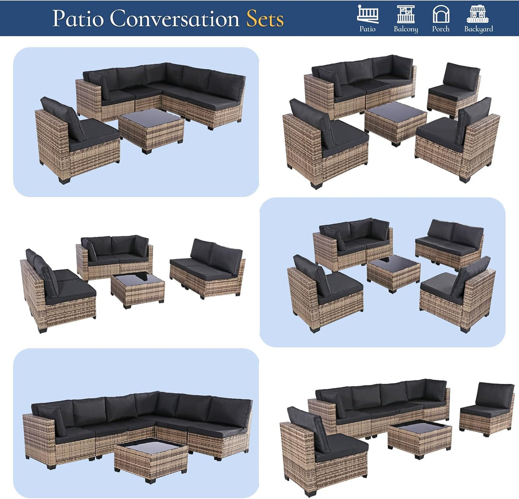 FHFO 7 Piece Outdoor Wicker Patio Furniture Set, Rattan Sectional Sofa Couch, Patio Conversation Set with Cushion & Coffee Table, for Backyard Poolside Porch Garden, Yellow-Black