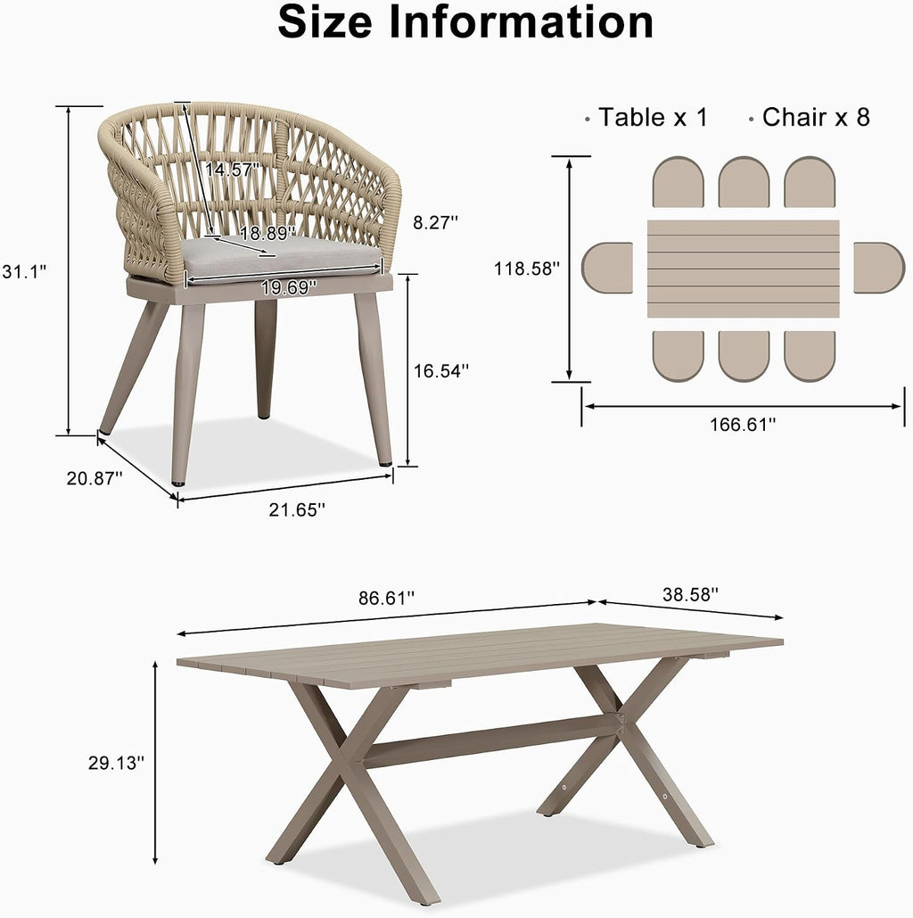 PURPLE LEAF 9 Pieces Outdoor Dining Set All-Weather PE Rattan Outdoor Patio Furniture Set with All Aluminum Frame Rectangular Table and Chairs Set for Lawn Garden Backyard Deck, Champagne