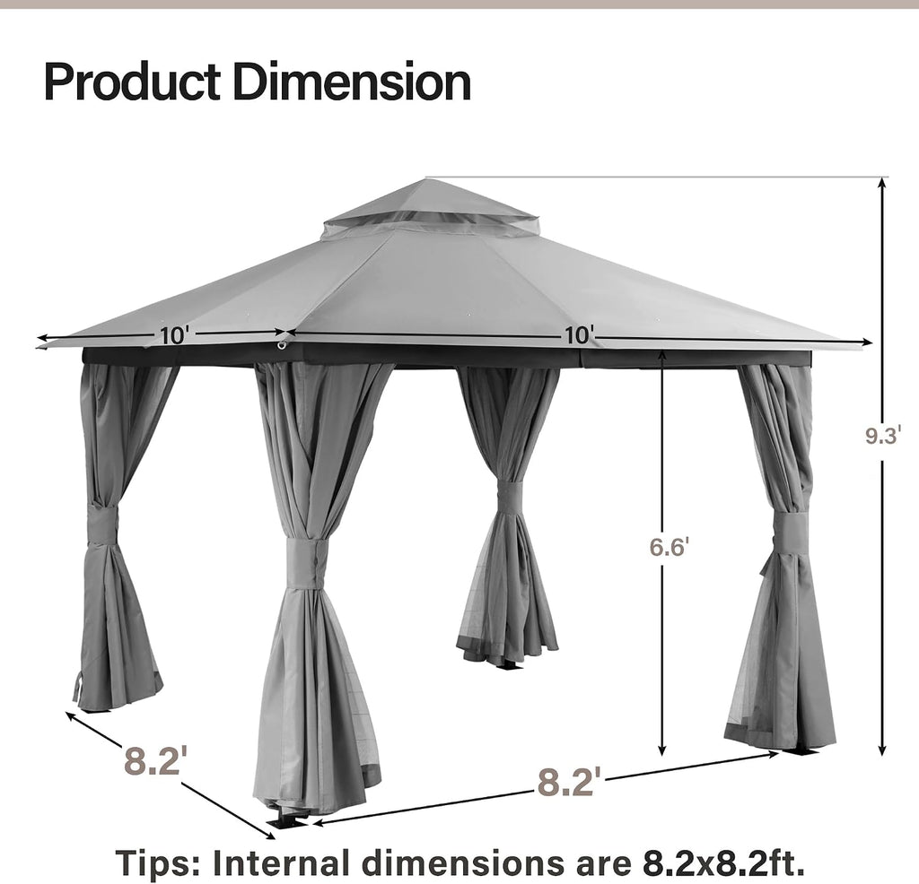LAUSAINT HOME Gazebo 10x10ft, Heavy Duty Patio Gazebo with Expansion Bolts, Party Canopy Tent with Double Roofs, Mosquito Nettings and Privacy Screens for Backyard, Garden, Lawn, Grey