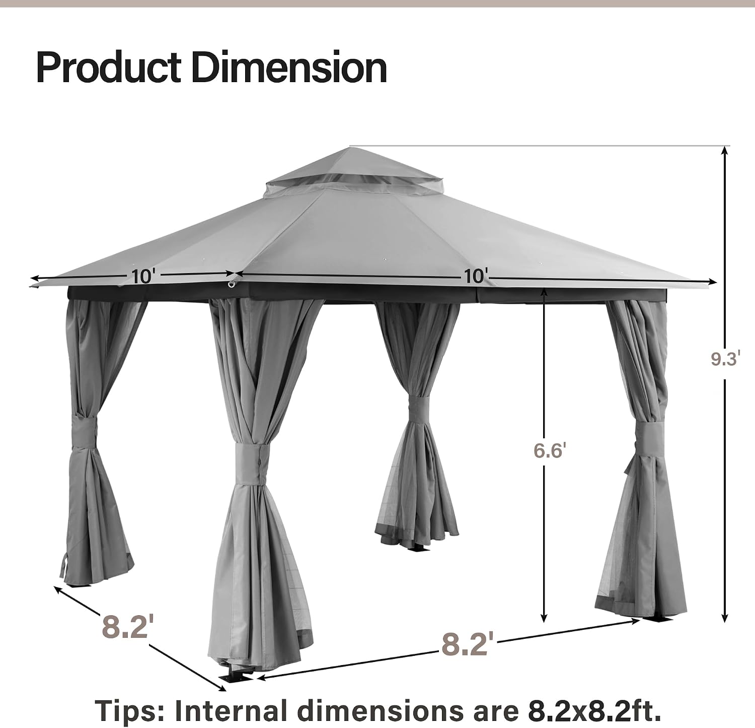 LAUSAINT HOME Gazebo 10x10ft, Heavy Duty Patio Gazebo with Expansion Bolts, Party Canopy Tent with Double Roofs, Mosquito Nettings and Privacy Screens for Backyard, Garden, Lawn, Grey