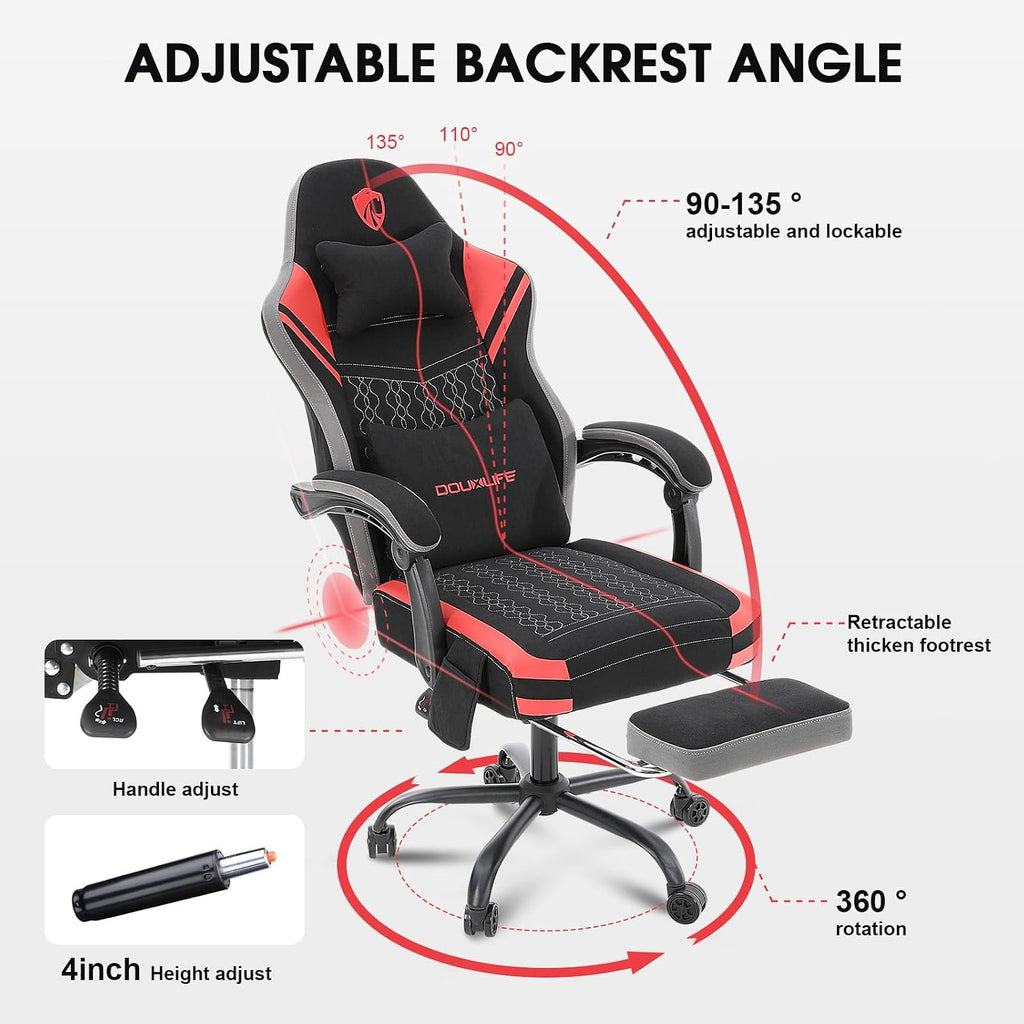 Gaming Chair, Tech Fabric Computer Chair with Massage, Office Chair with Pocket Spring Widened Cushion, High Back Ergonomic Chair with Footrest Lumbar Support Upgraded Metal Legs 350LBS (Red)