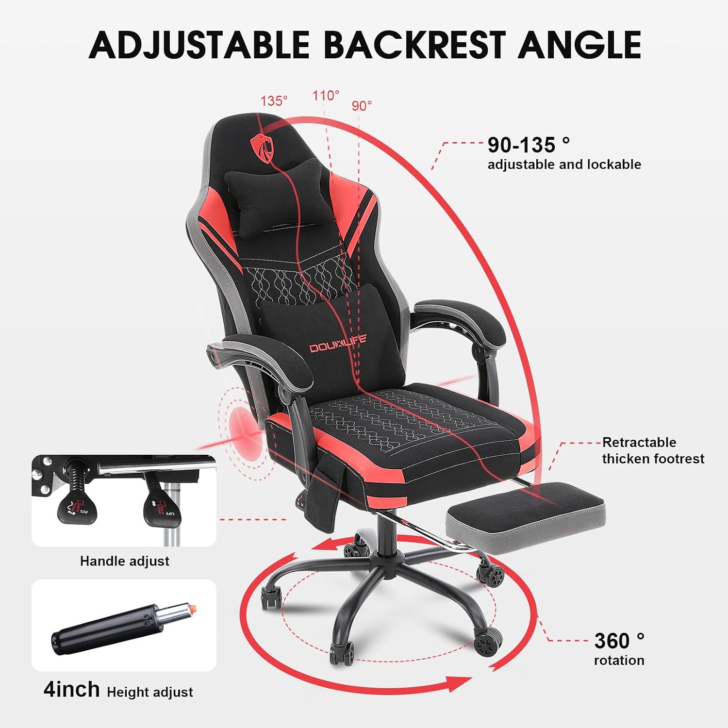 Gaming Chair, Tech Fabric Computer Chair with Massage, Office Chair with Pocket Spring Widened Cushion, High Back Ergonomic Chair with Footrest Lumbar Support Upgraded Metal Legs 350LBS (Red)