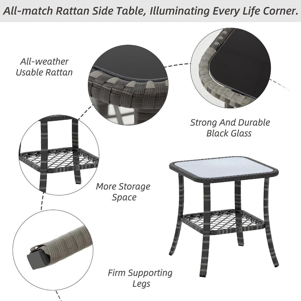 HOMREST 3 Piece Swivel Patio Chairs Wicker Set - All Weather Outdoor Patio Bistro Set with Side Table, Small Patio Furniture Set for Balcony Porch Deck Backyard, Grey