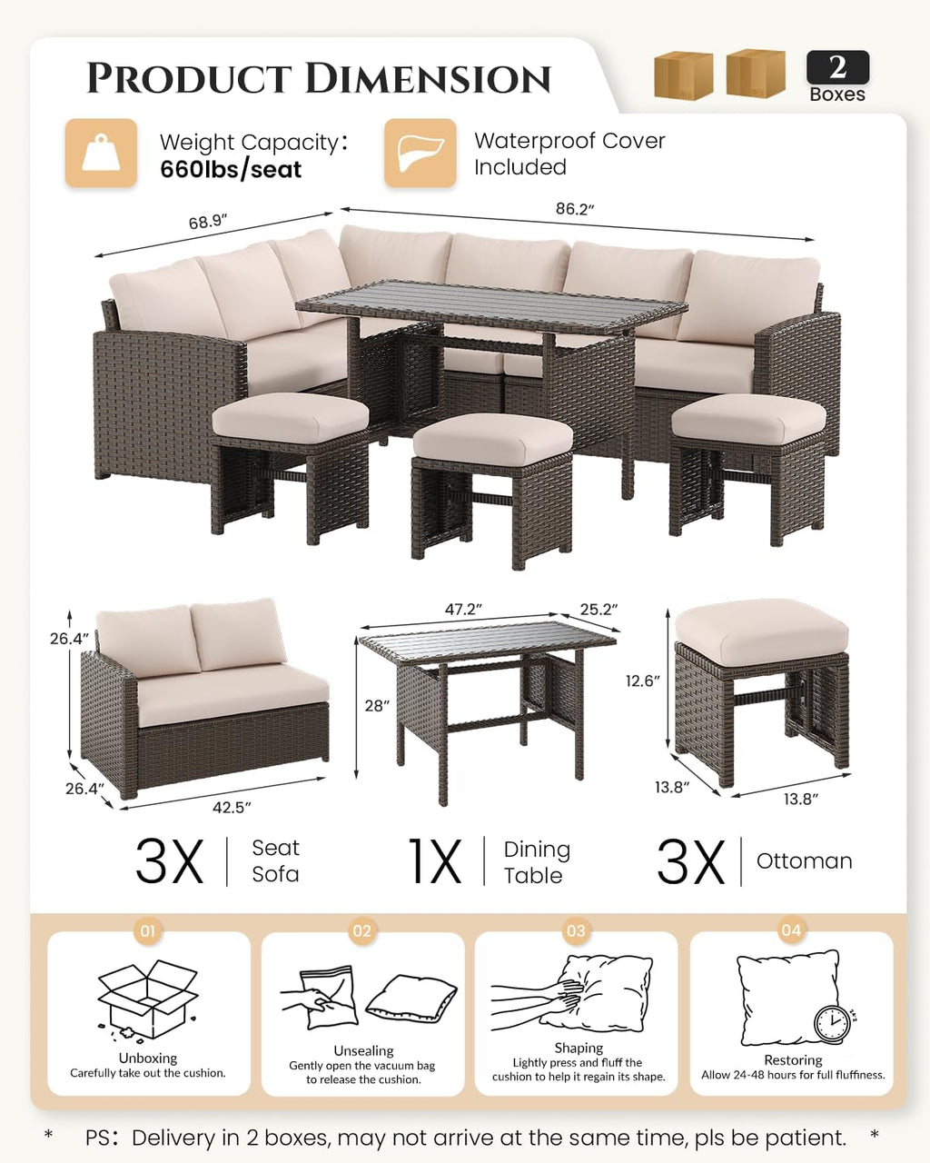 U-MAX 7 Pieces Patio Furniture Set with Waterproof Cover, Outdoor Sectional Sofa Conversation Set, All Weather Wicker Rattan Dining Table & Chair with Ottoman, Brown Rattan&Khaki Cushion
