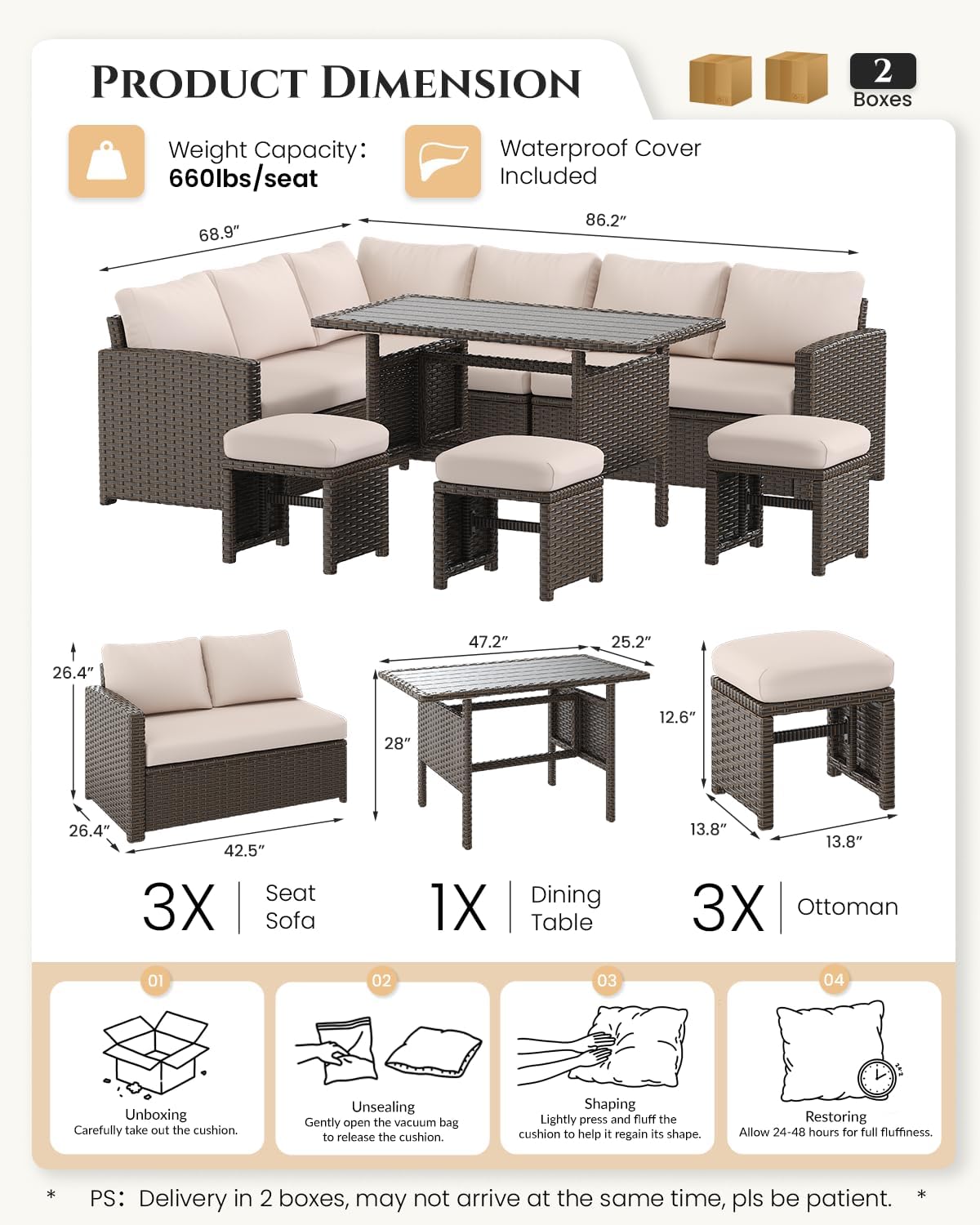 U-MAX 7 Pieces Patio Furniture Set with Waterproof Cover, Outdoor Sectional Sofa Conversation Set, All Weather Wicker Rattan Dining Table & Chair with Ottoman, Brown Rattan&Khaki Cushion