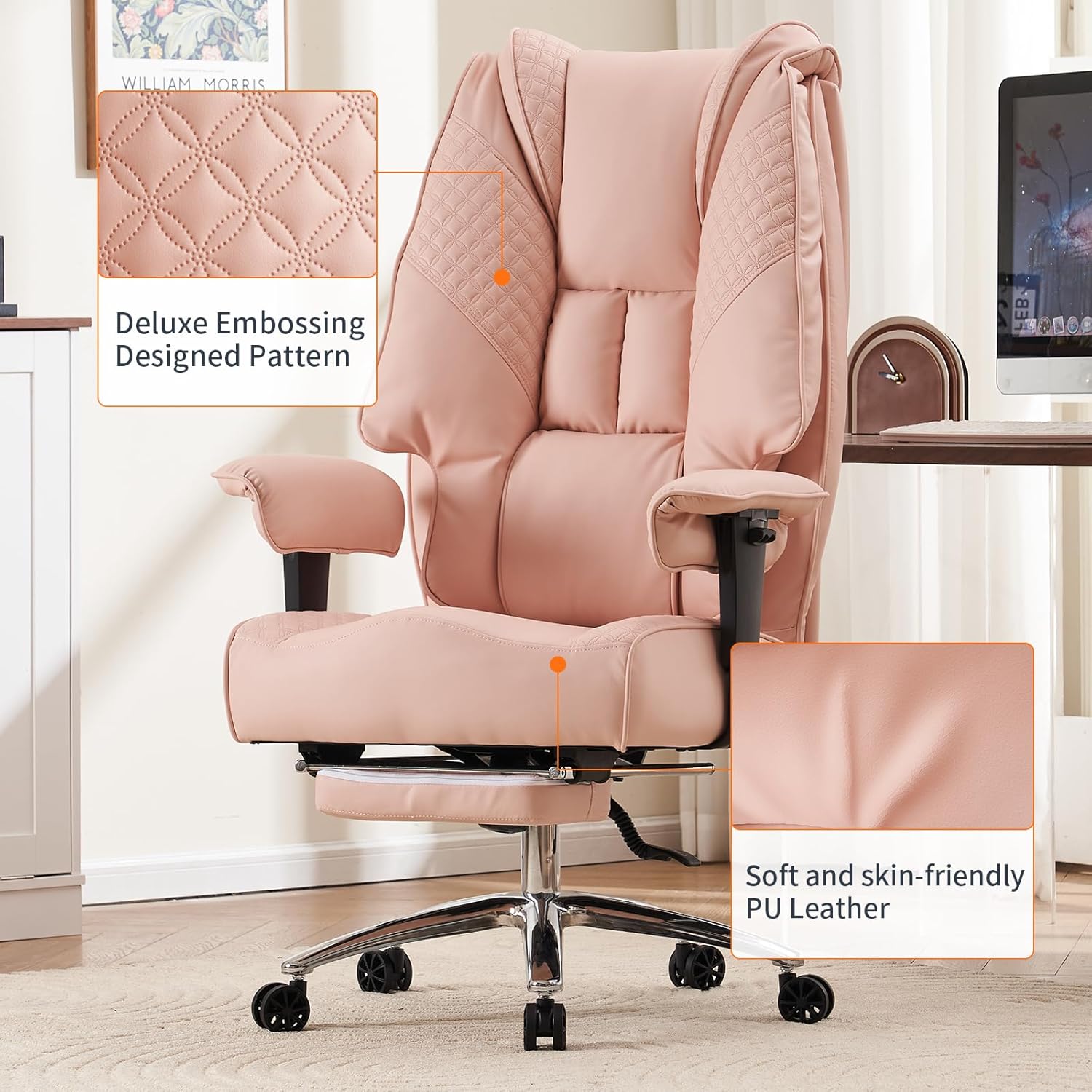 EXCEBET Big and Tall Office Chair 400lbs Wide Seat, Leather High Back Executive Office Chair with Foot Rest, Ergonomic Chairs Lumbar Support for Lower Back Pain Relief (Light Pink)