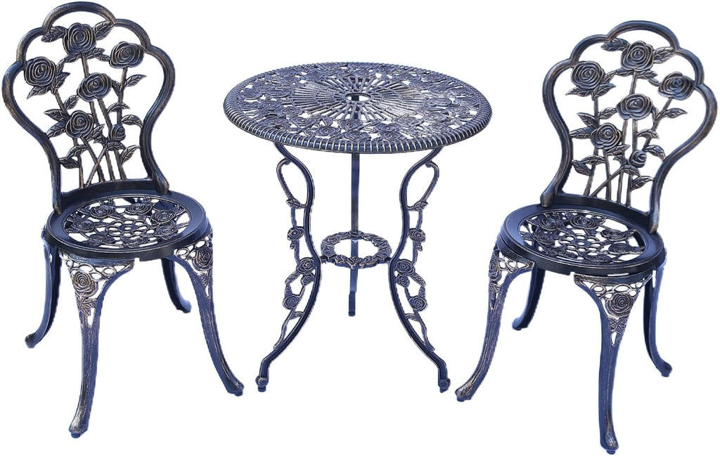 KAILI Outdoor Furniture Bistro Set with Rose Pattern 1 Table 2 Chairs for Garden Patio Porch (Rose-Bronzed)