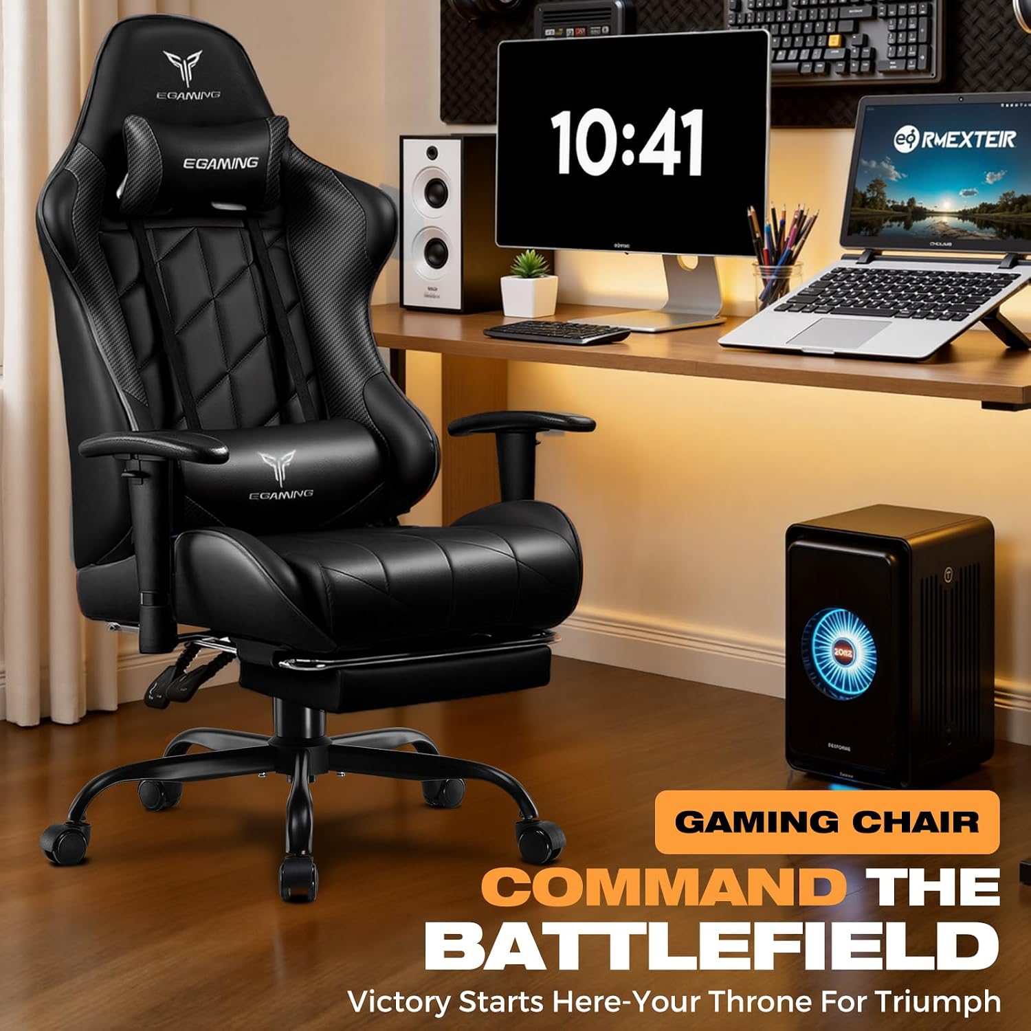 Gaming Chair with Footrest, Ergonomic High-Back PU Leather Computer Chair with 3D Adjustable Armrests, Headrest and Lumbar Support, Office Desk Chair with Diamond Stitching for Adults & Teen