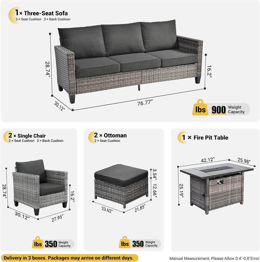 ovios 6 Pieces Patio Furniture Set with 42' Fire Pit Table, Outdoor Wicker Sofa with Comfy Cushions, All Weather High Back Rattan Couch Conversation Set, Black