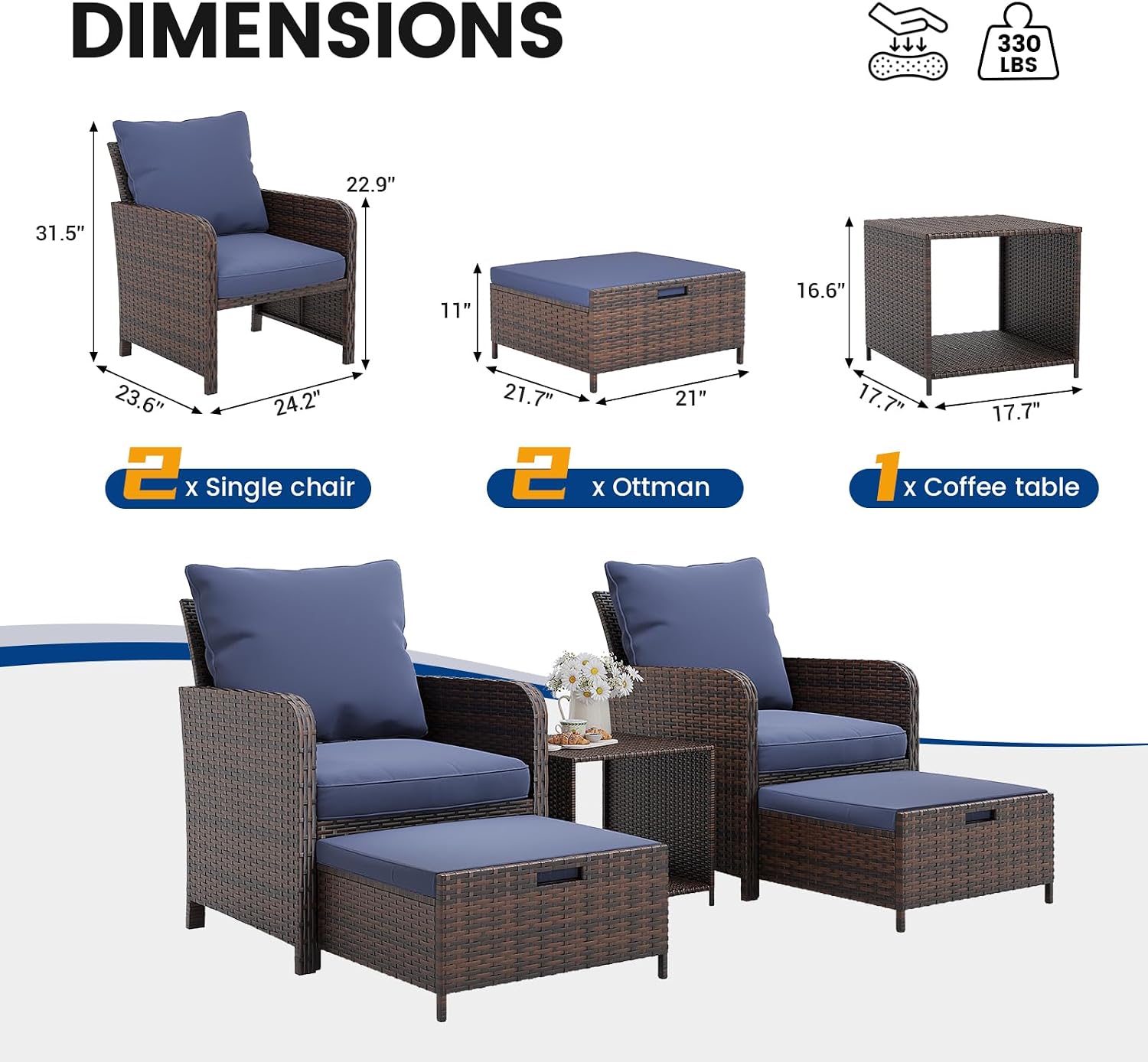 UDPATIO Balcony Furniture Patio Chairs with Hidden Ottoman 5 Piece Patio Furniture Set with Side Table for Front Porch, Blue Cushion