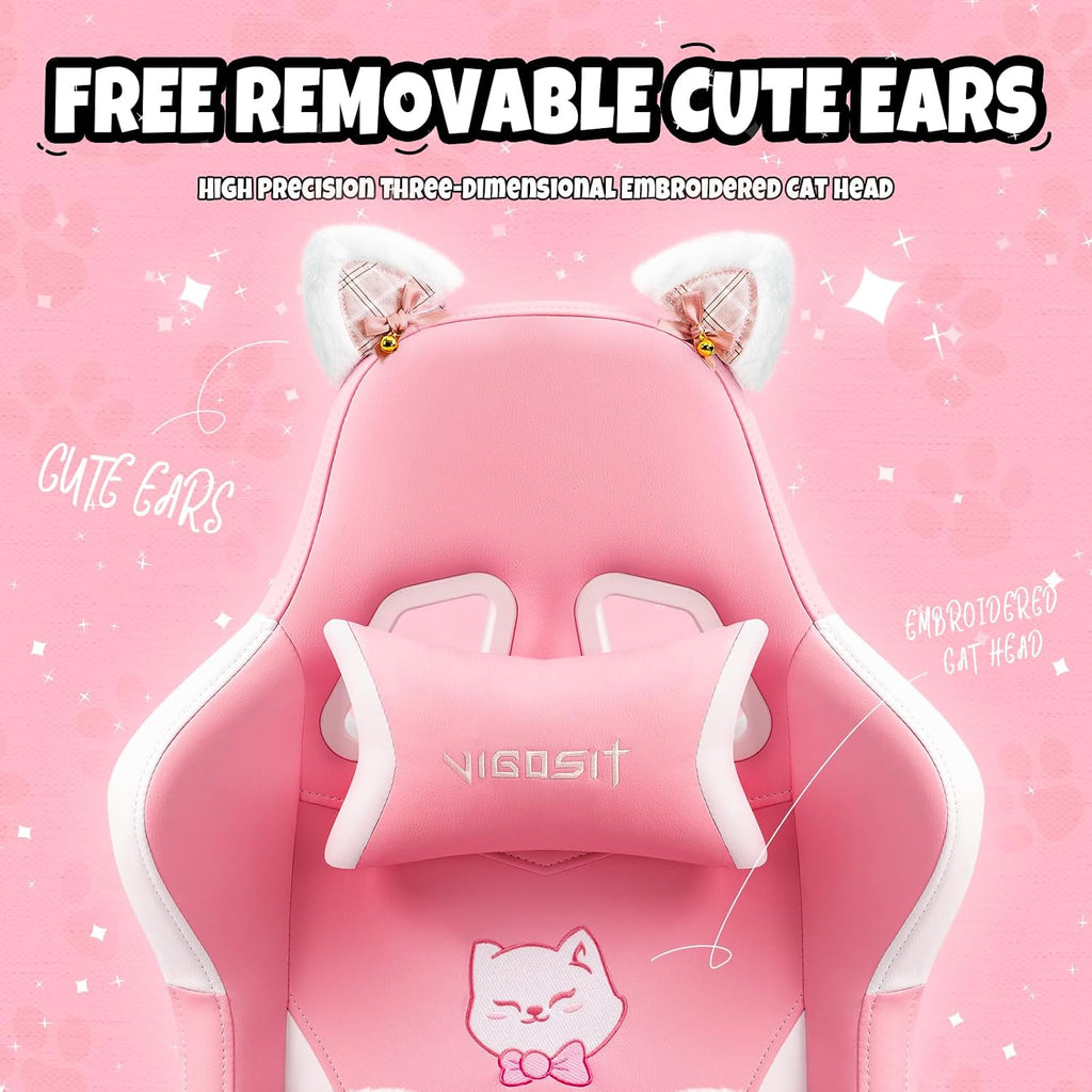 Vigosit Pink Cat Gaming Chair with Footrest, Ergonomic Cute Gamer Chair with Cat Ears, Comfortable Desk Computer Chair for Girls Adults