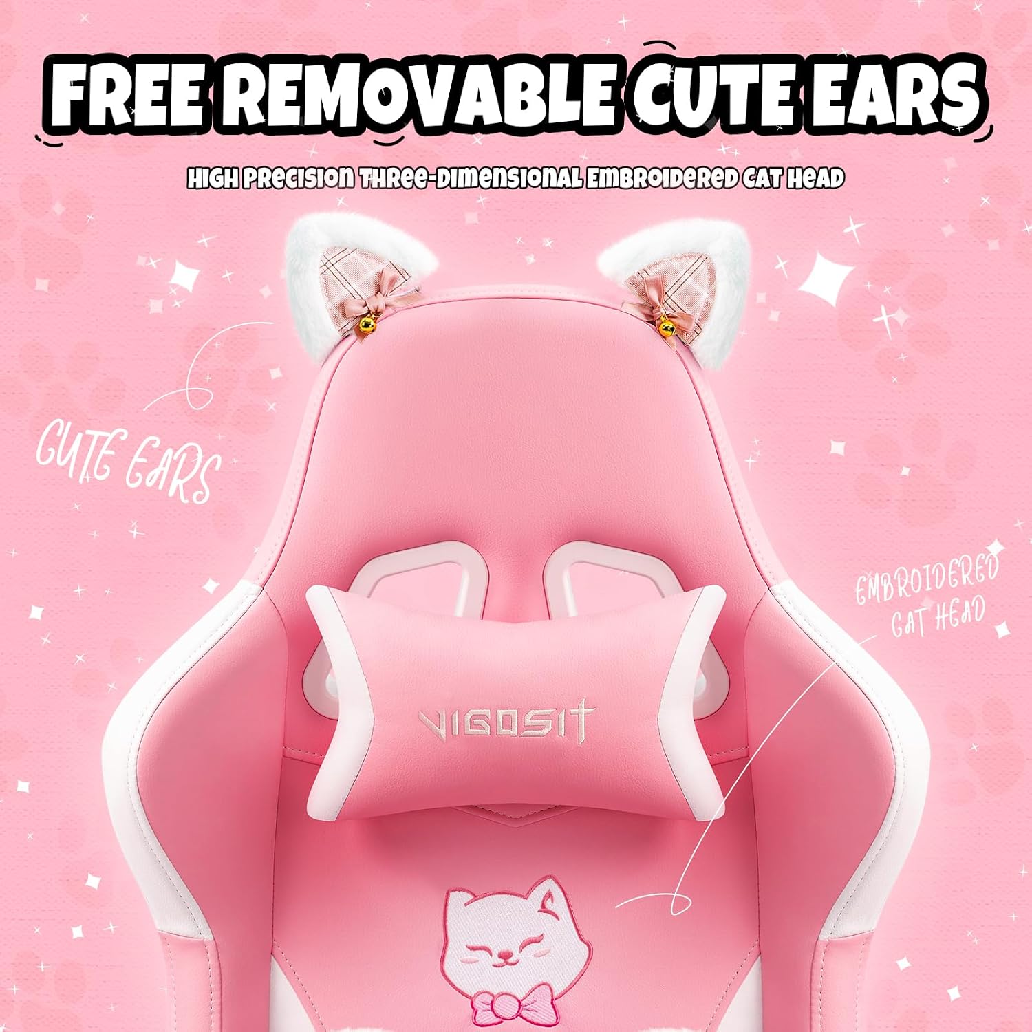 Vigosit Pink Cat Gaming Chair with Footrest, Ergonomic Cute Gamer Chair with Cat Ears, Comfortable Desk Computer Chair for Girls Adults