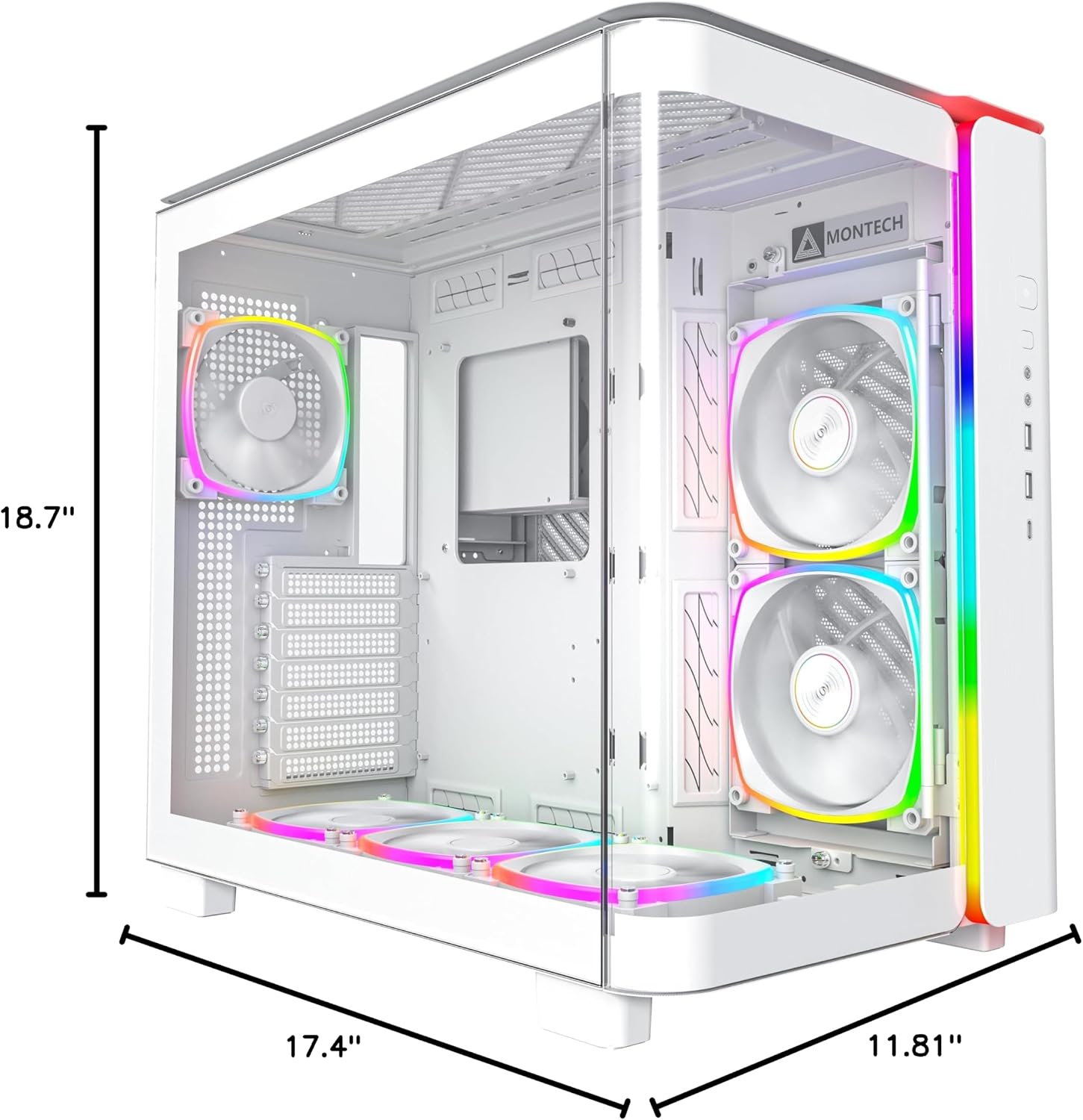 MONTECH King 95 PRO Dual-Chamber ATX Mid-Tower PC Gaming Case, High-Airflow, Toolless Panels, Sturdy Curved Tempered Glass Front, 6 ARGB PWM Fan Pre-Installed with Fan Hub, White
