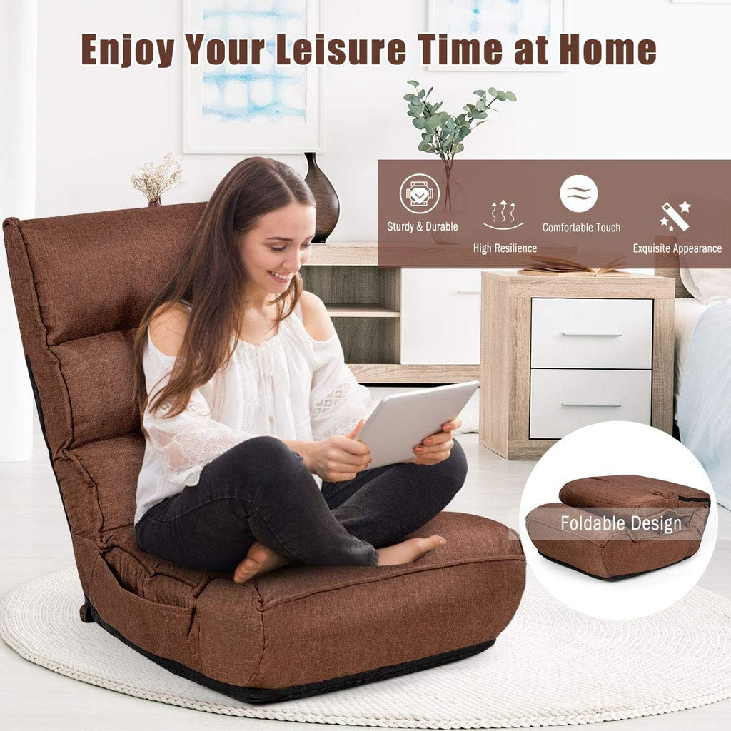 Giantex Floor Chairs for Adults with 4-Position Adjustable Back, 6-Position Adjustable Headrest, Side Pocket, No Assembly Required, Banana Chairs, Folding Gaming Chair Floor, Brown