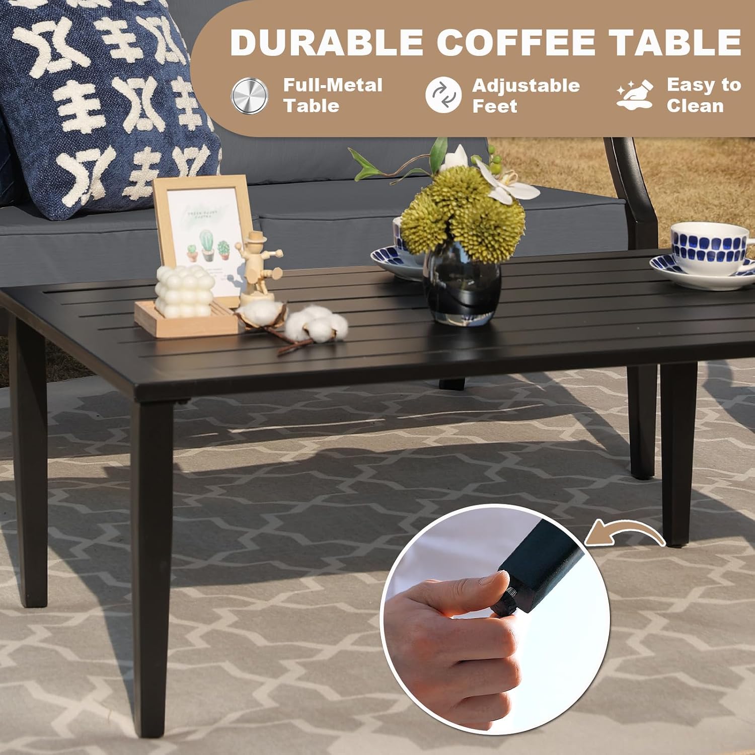 4-Piece Patio Furniture Set, Wider Outdoor Metal Seating Sofa with High Back & Lovsest, Coffee Table, All Weather Rattan Conversation for Backyard, Poolside, Deck-Grey