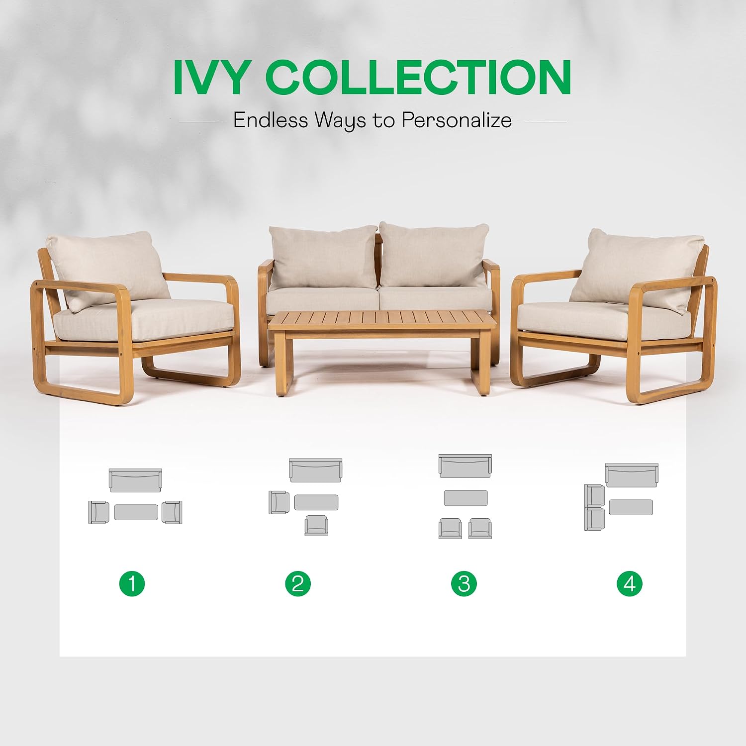 Idzo Ivy Wood Club Chair Set of 2 – Beige Fabric, Outdoor Wooden Armchair Seating with Cushions for Patio, Garden, or Balcony Relaxation