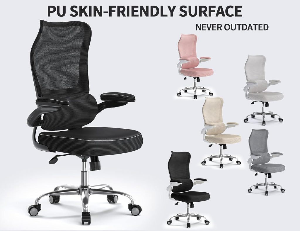 TRALT Ergonomic Office Chair - Desk Chair with Wave High Back Adjustable Lumbar Support Computer Chair - Gaming Chairs Mesh Backrest and PU Leather Seat for Home Reading Chairs (Black Pack of 3)