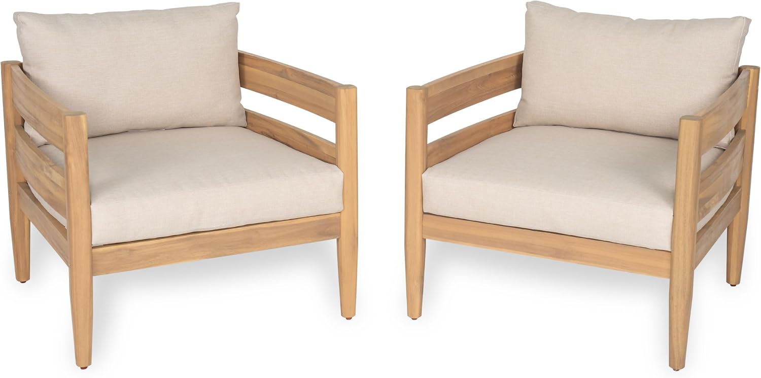 Christopher Knight Home Kory 5-Piece Acacia Wood Patio Furniture Set, Outdoor Conversation Sofa Chat Set with Club Chair and Coffee Table, Patio 7-Seater Seating Group for Backyard Balcony, Teak+Beige