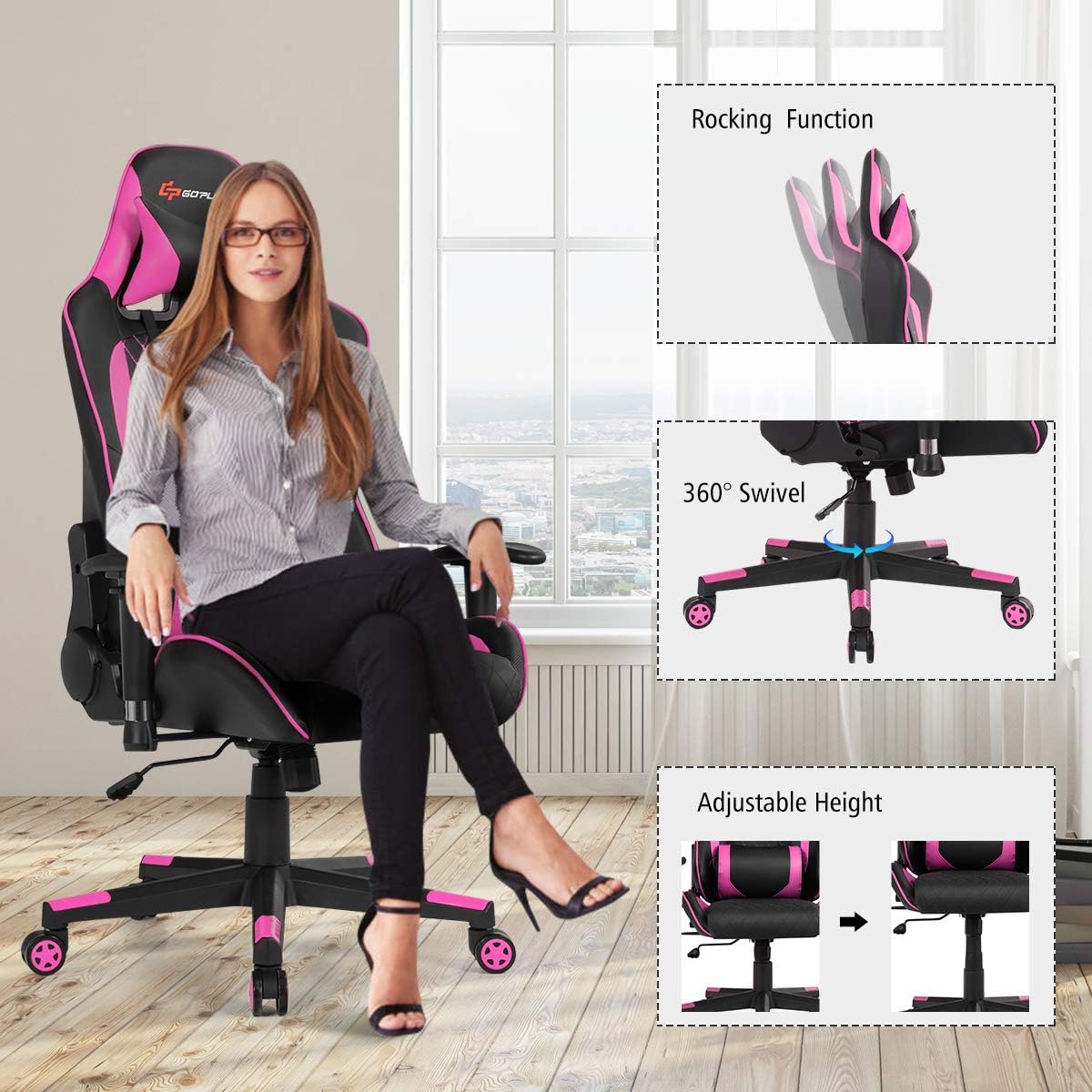 Goplus Massage Gaming Chair, Reclining Backrest Handrails and Seat Height Adjustment Racing Computer Office Chair, Ergonomic High Back Embroidered PU Swivel Game Chair with Headrest and Lumbar Cushion