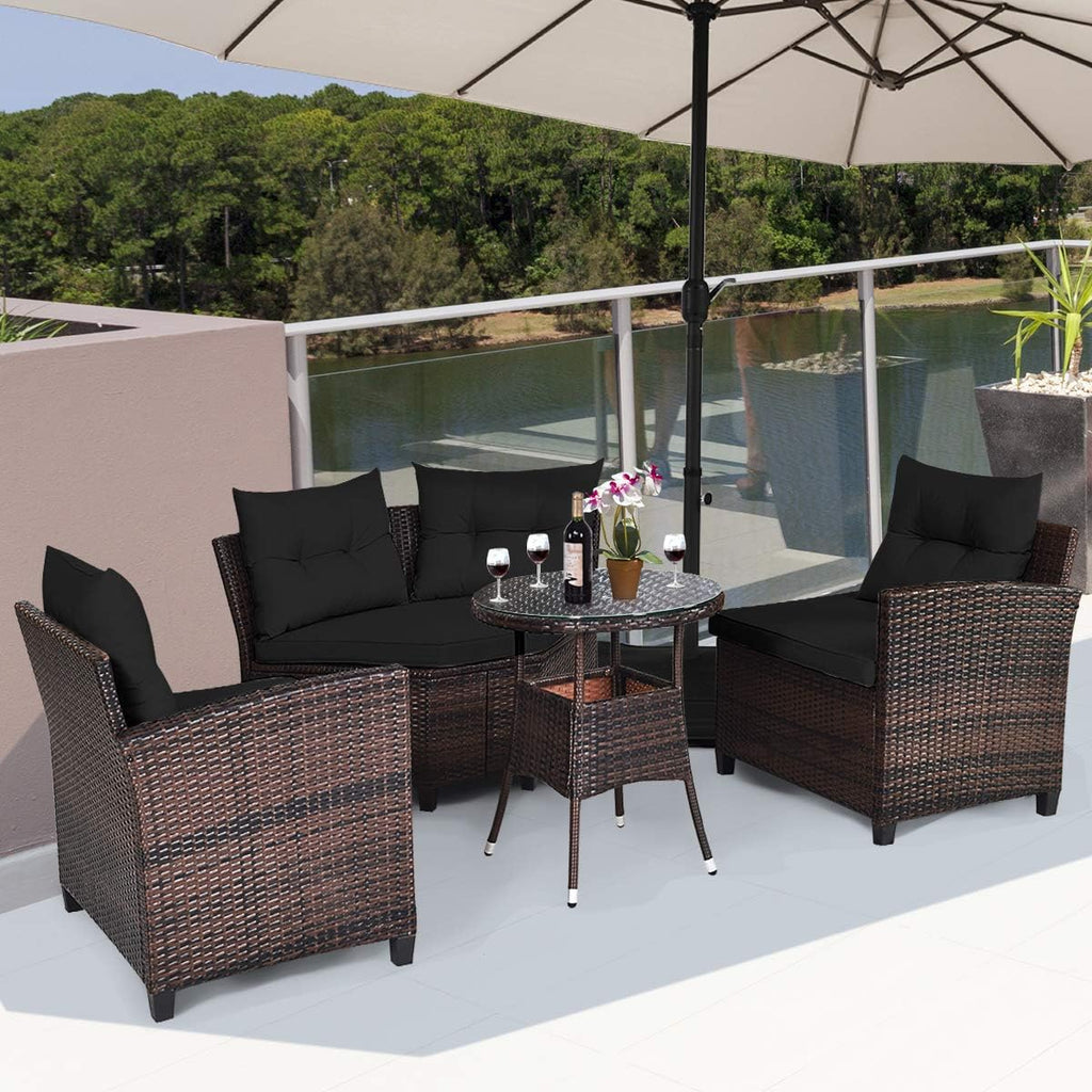 Tangkula 4-Piece C Shape Patio Furniture Set, Outdoor Corner Wicker Rattan Sectional Cushioned Sofa Set, with Glass Coffee Table, for Garden Poolside Balcony (Black)
