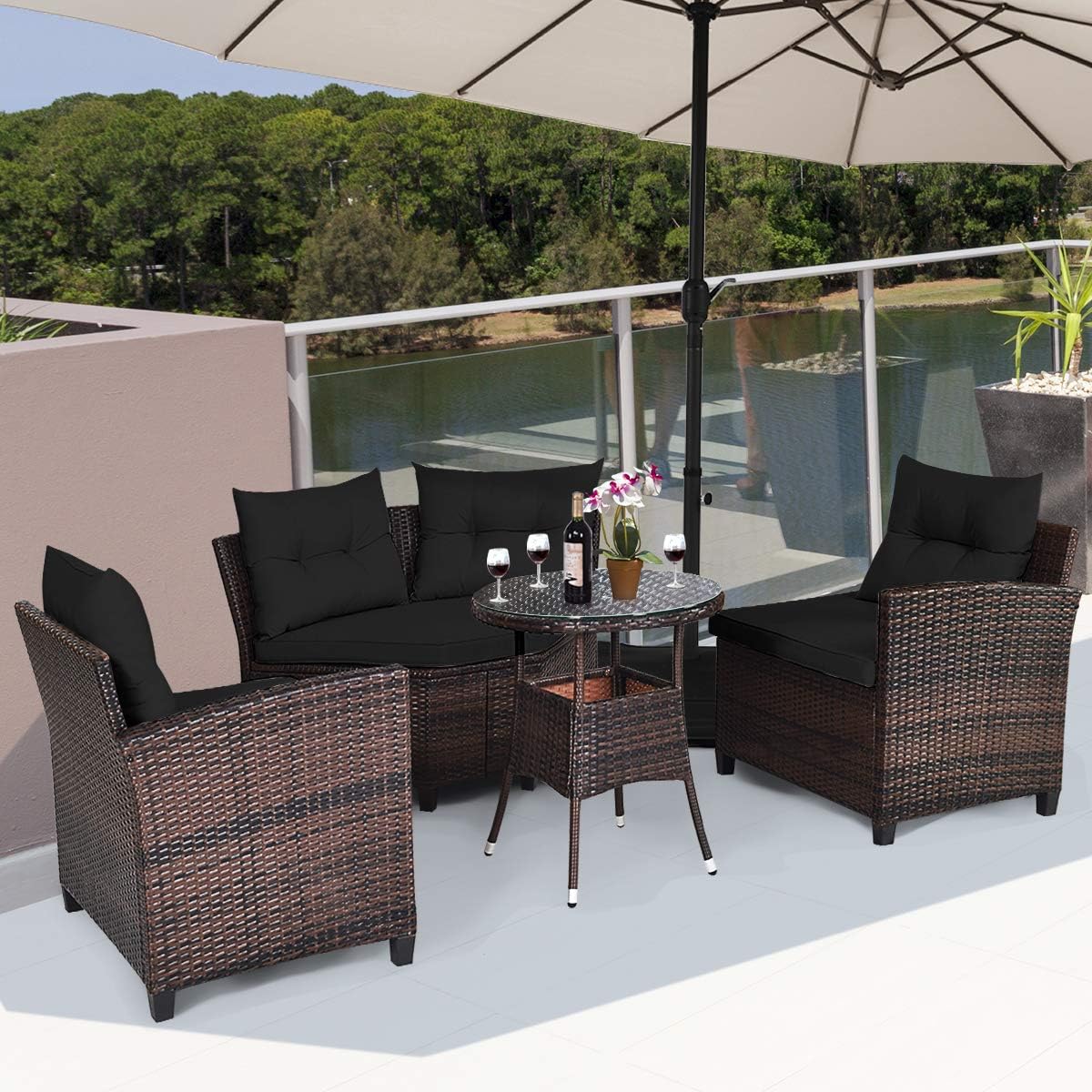 Tangkula 4-Piece C Shape Patio Furniture Set, Outdoor Corner Wicker Rattan Sectional Cushioned Sofa Set, with Glass Coffee Table, for Garden Poolside Balcony (Black)