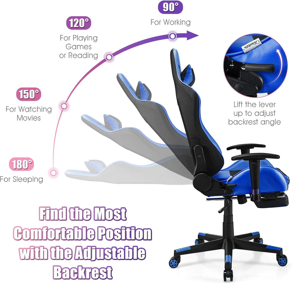 Giantex Massage Gaming Chair, Ergonomic Video Game Chair with Footrest, High Back E-Sport Computer Chair with Headrest & Massager Lumbar Support, PU Leather Gaming Seat (Blue)