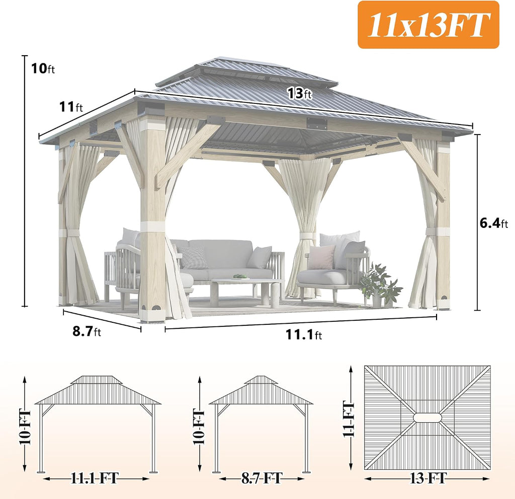 GARTOO 11'x13' Outdoor Wooden Gazebo, Patio Galvanized Steel Wood Gazebo with Privacy Curtains and Netting, Vented Double Roof Hardtop Pavilion for Garden, Porch, Lawn, Poolside, Backyard, Deck