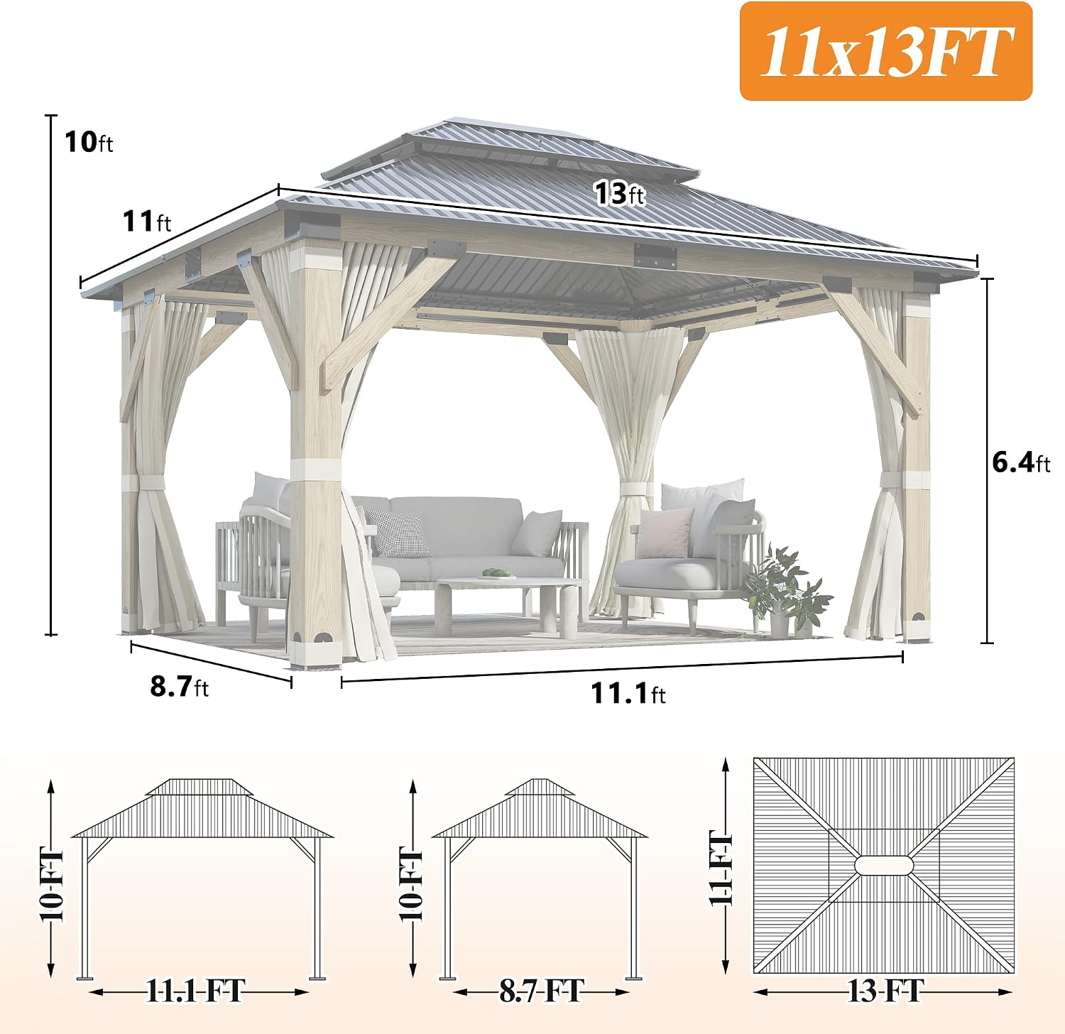 GARTOO 11'x13' Outdoor Patio Wooden Gazebo - Patio Galvanized Steel Hardtop Pavilion with Double Curtains, Vented Wood Gazebo for Garden, Porch, Lawn, Poolside, Backyard