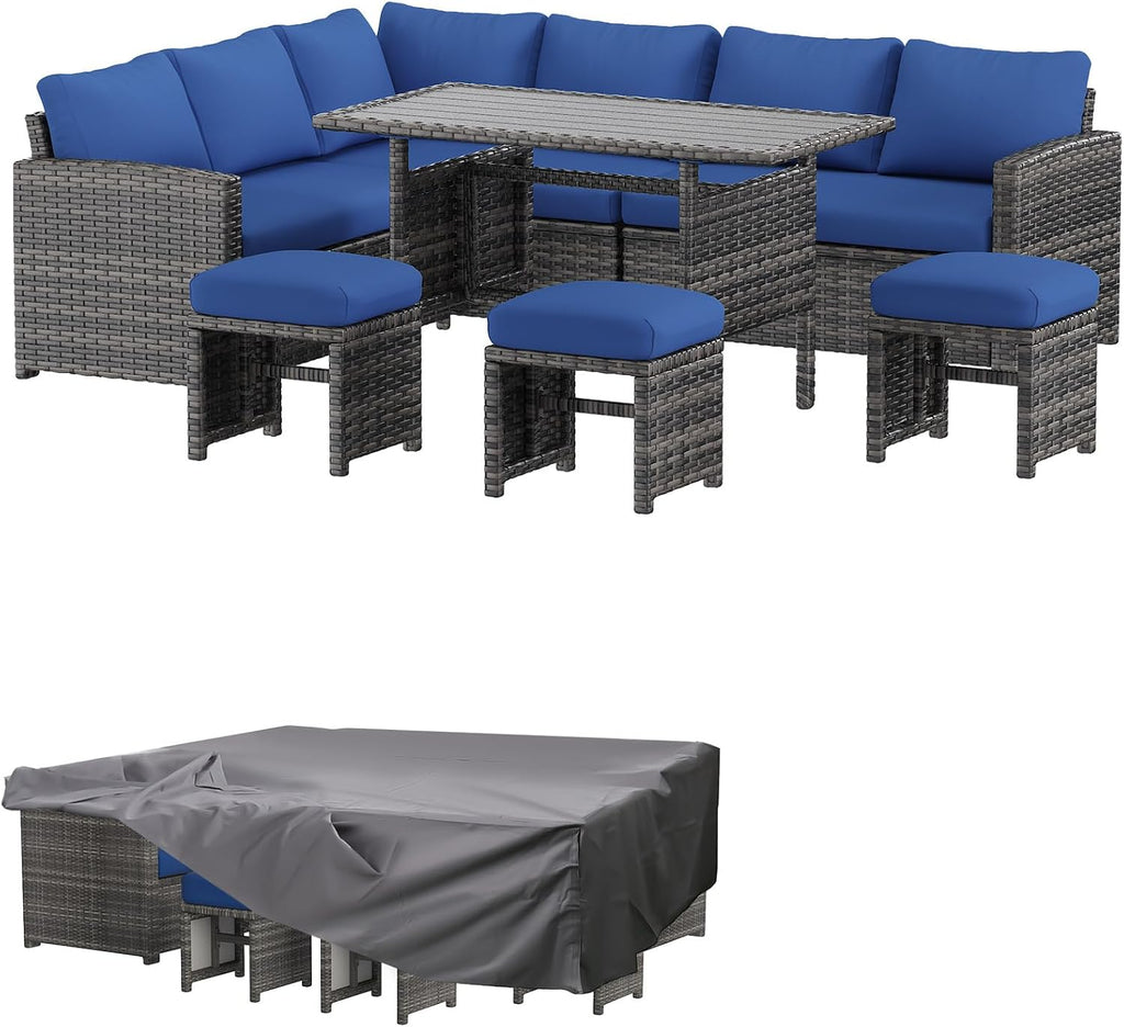 AECOJOY Outdoor Patio Furniture Set with Waterproof Cover, 7 Pieces Clearance Sectional Rattan Dining Table&Chairs, All Weather Wicker Conversation Sofa Couch, Dark Blue Cushions&Grey Rattan