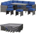 AECOJOY Outdoor Patio Furniture Set with Waterproof Cover, 7 Pieces Clearance Sectional Rattan Dining Table&Chairs, All Weather Wicker Conversation Sofa Couch, Dark Blue Cushions&Grey Rattan