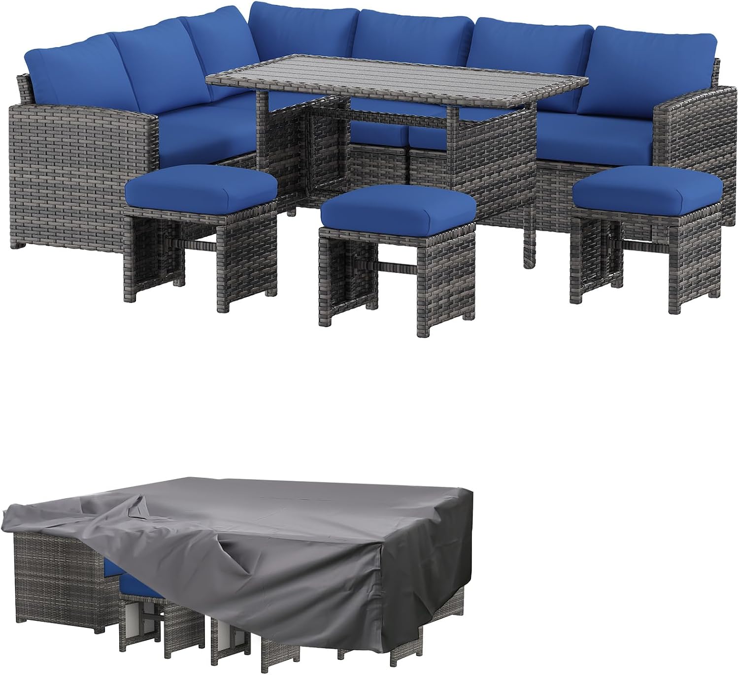 AECOJOY Outdoor Patio Furniture Set with Waterproof Cover, 7 Pieces Clearance Sectional Rattan Dining Table&Chairs, All Weather Wicker Conversation Sofa Couch, Dark Blue Cushions&Grey Rattan
