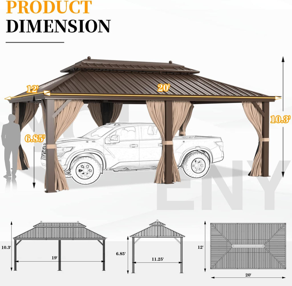 YOLENY 12'X20' Hardtop Gazebo, Galvanized Steel Ventilation Double Roof with Aluminum Frame，Outdoor Gazebos Pavillion with Netting and Curtains for Garden, Patio, Lawns, Parties