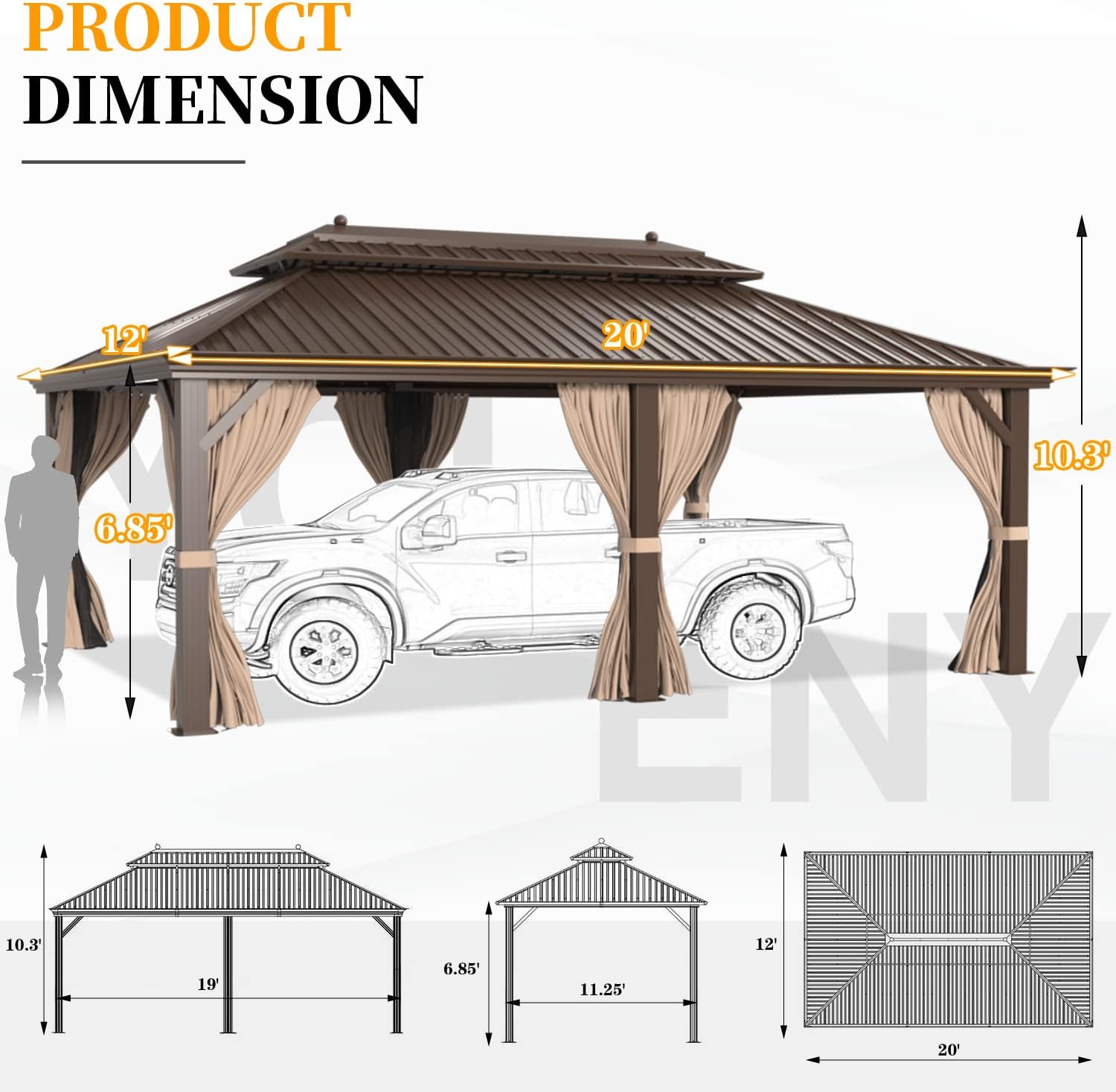 YOLENY 12'X20' Hardtop Gazebo, Galvanized Steel Ventilation Double Roof with Aluminum Frame，Outdoor Gazebos Pavillion with Netting and Curtains for Garden, Patio, Lawns, Parties