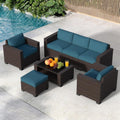 YLGJ&TIDY 7 PCS Outdoor Wicker Furniture Set Sectional Rattan Sofa Couch with Thick Cushions Glass Top Coffee Table Patio Conversation Set for Garden Backyard (Dark Brown Rattan & Peacock Blue)