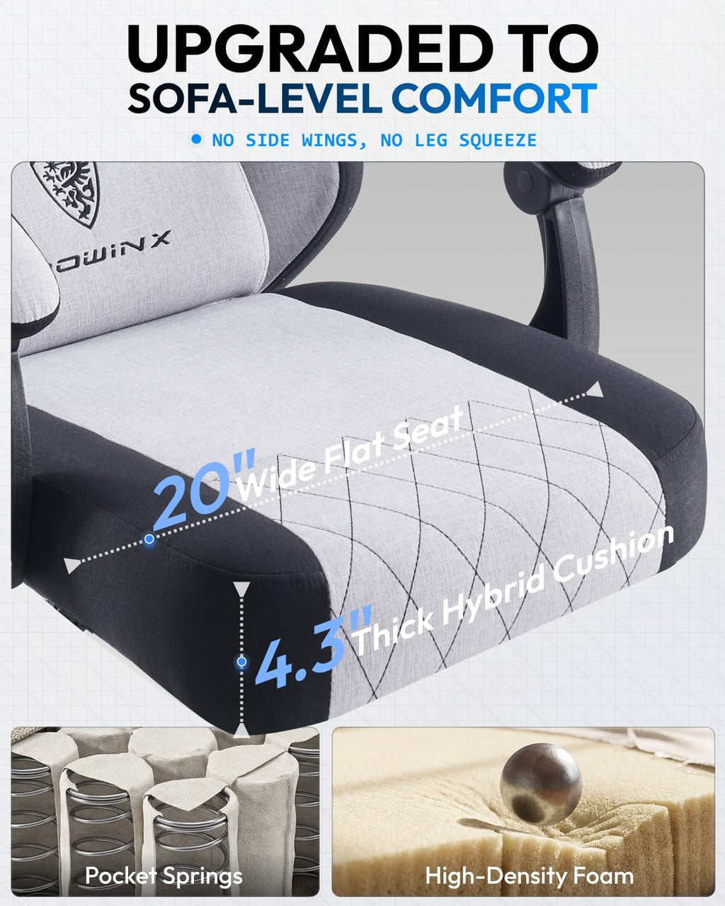 Dowinx Gaming Chair, Fabric Gaming Chairs for Adults with Pocket Spring Cushions and Lumbar Support, Ergonomic Massage Computer Chair with Footrest for Big and Tall, Gray