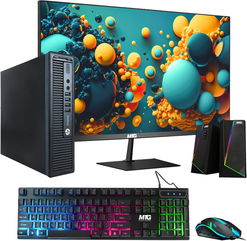 HP Elite 800 G1 USFF Desktop Computer PC, Intel Core i5 4th Gen Processor, 4GB RAM, 120 SSD, MTG New 22 inch Monitor, RGB Speaker and Keyboard Mouse, WiFi Windows 11 64-Bit (Renewed)