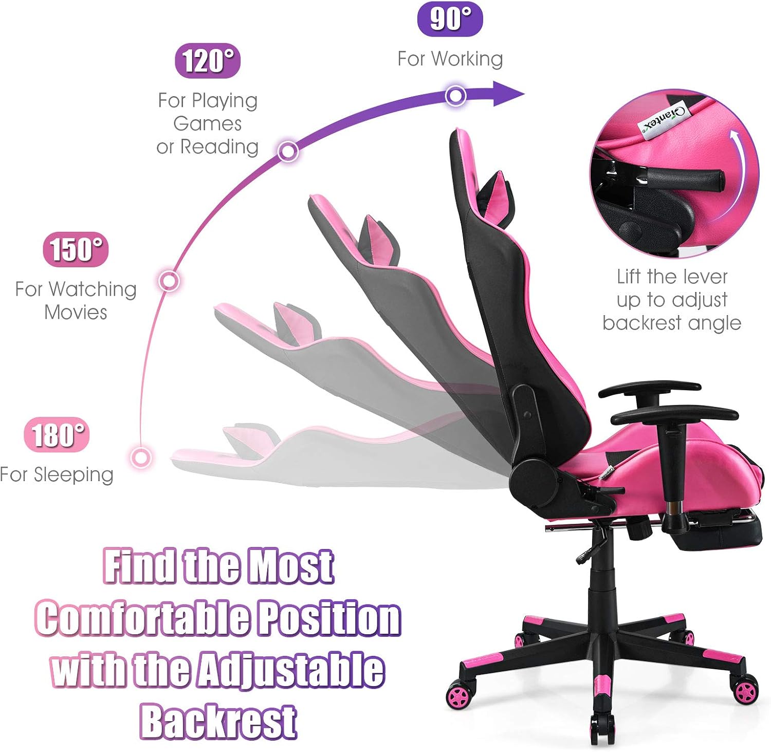 Giantex Massage Gaming Chair Pink, Ergonomic Video Game Chair with Footrest, High Back E-Sport Computer Chair with Headrest & Massager Lumbar Support, PU Leather Gaming Seat