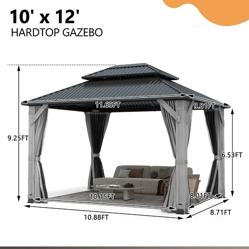 10'x12' Hardtop Wood Gazebo, Outdoor Double Roof Galvanized Steel Top Gazebo with Wooden Post, Curtains & Netting for Backyard, Patio, Deck (10x12 FT)