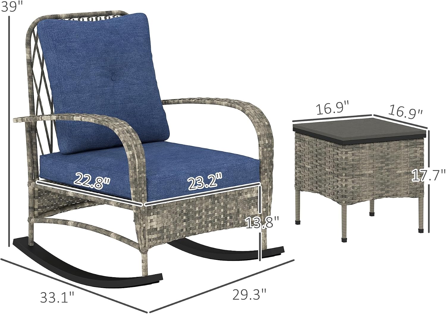 Outsunny 3 Piece Wicker Patio Furniture Set, PE Rattan Rocking Chairs with Coffee Table, Cushions, Outdoor Bistro Set for Porch, Garden, Poolside, Gray