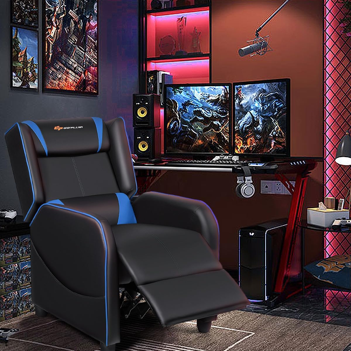 Goplus Massage Gaming Recliner Chair, Racing Style PU Leather Single Recliner Sofa with Footrest, Adjustable Modern Living Room Recliners, Ergonomic Home Theater Recliner Seat (Blue)