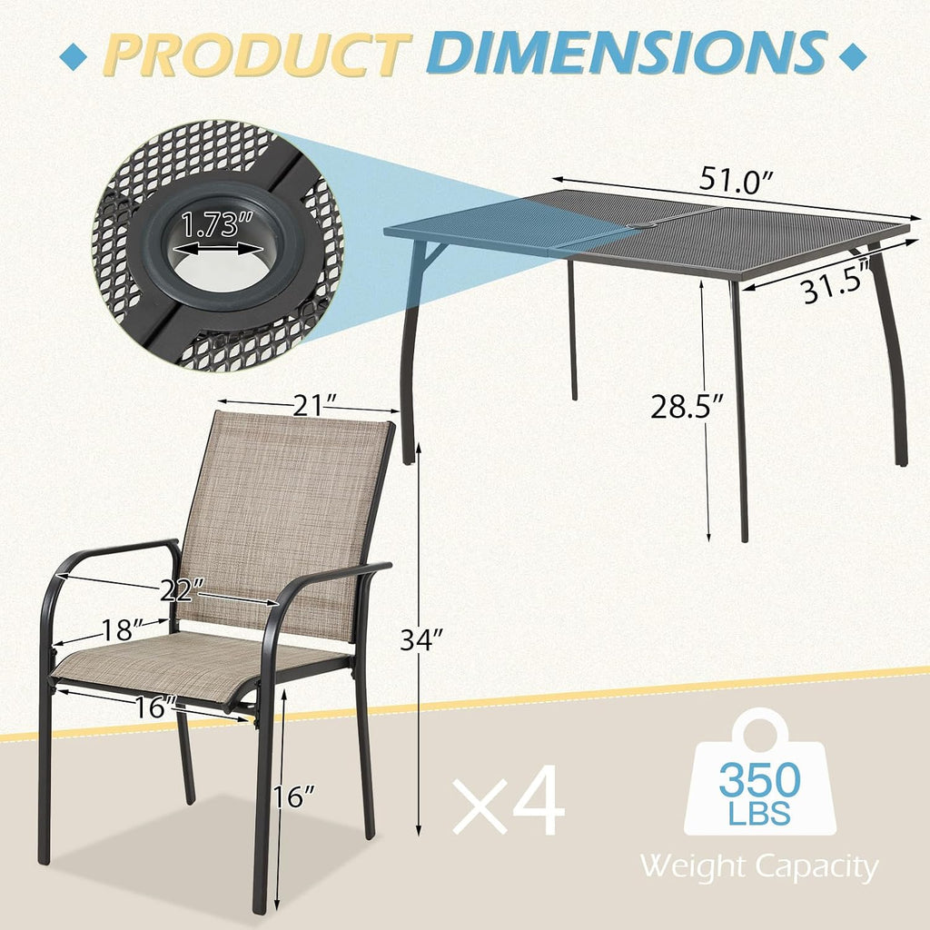 AECOJOY 5 Piece Patio Table and Chair Set for 4, Outdoor Dining Set Includes 51.2' Rectangle Table with 1.73' Umbrella Hole, 4 Stackable Textilene Chairs, for Garden, Backyard and Poolside, Dark Gray